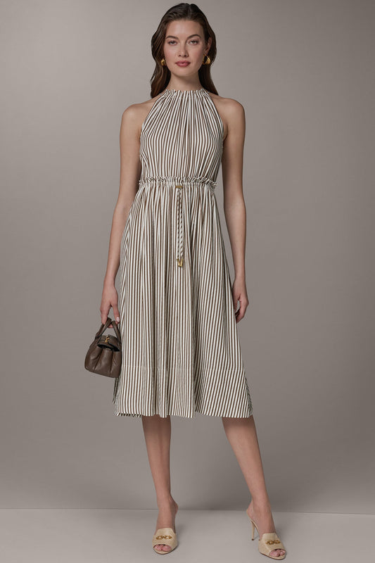Cream/Russet SLEEVELESS DRAWSTRING WAIST MIDI HALTER DRESS Donna Karan