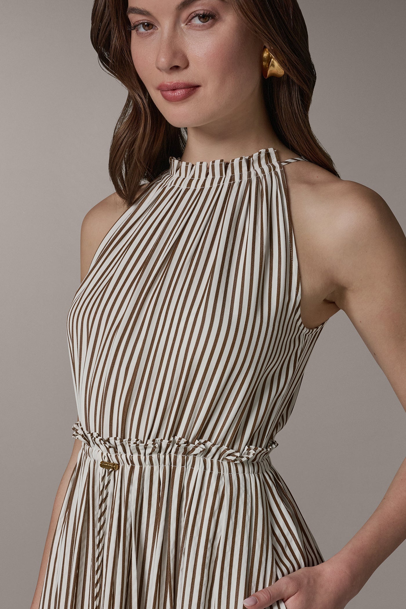 Cream/Russet SLEEVELESS DRAWSTRING WAIST MIDI HALTER DRESS Donna Karan