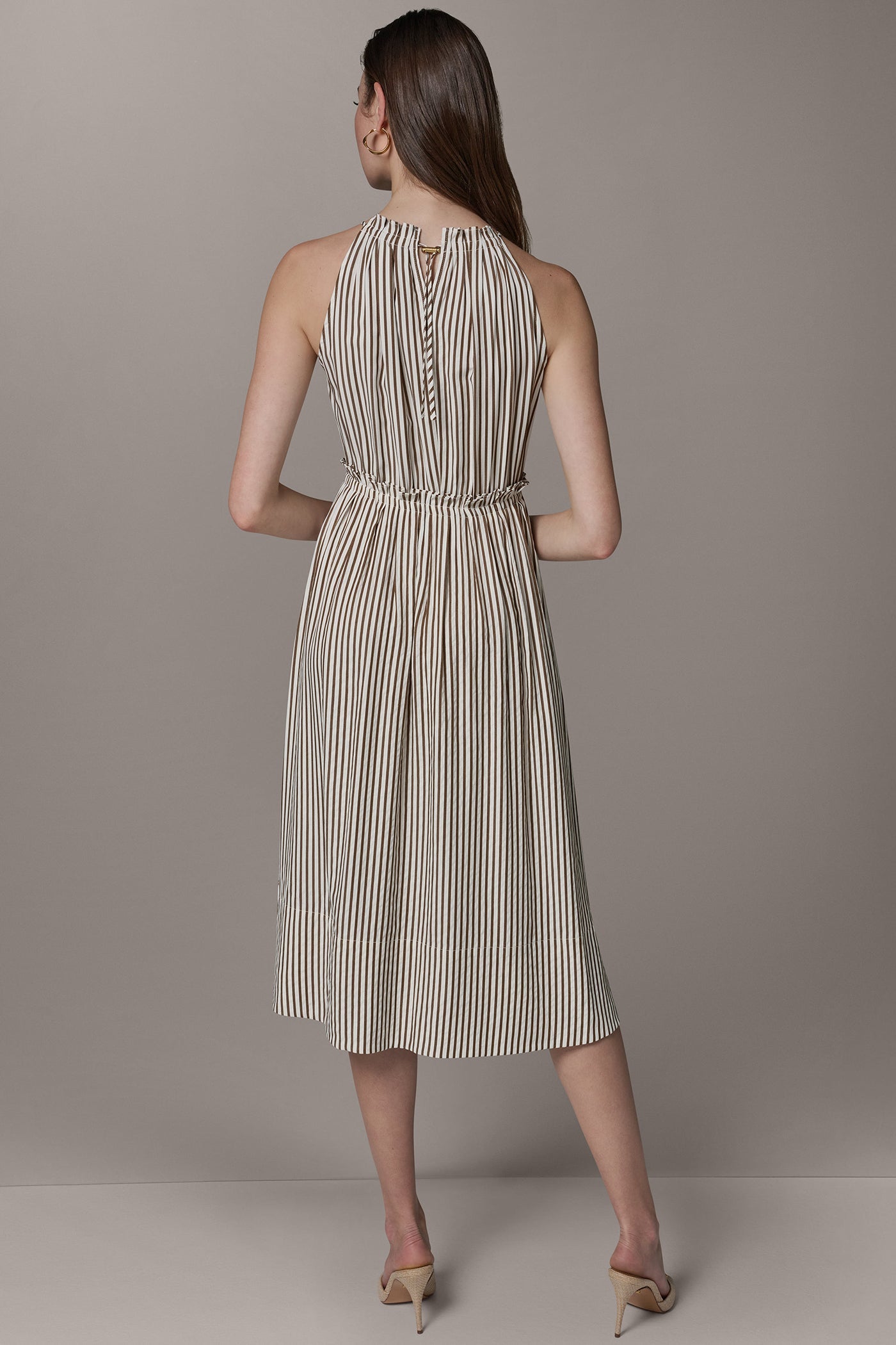 Cream/Russet SLEEVELESS DRAWSTRING WAIST MIDI HALTER DRESS Donna Karan
