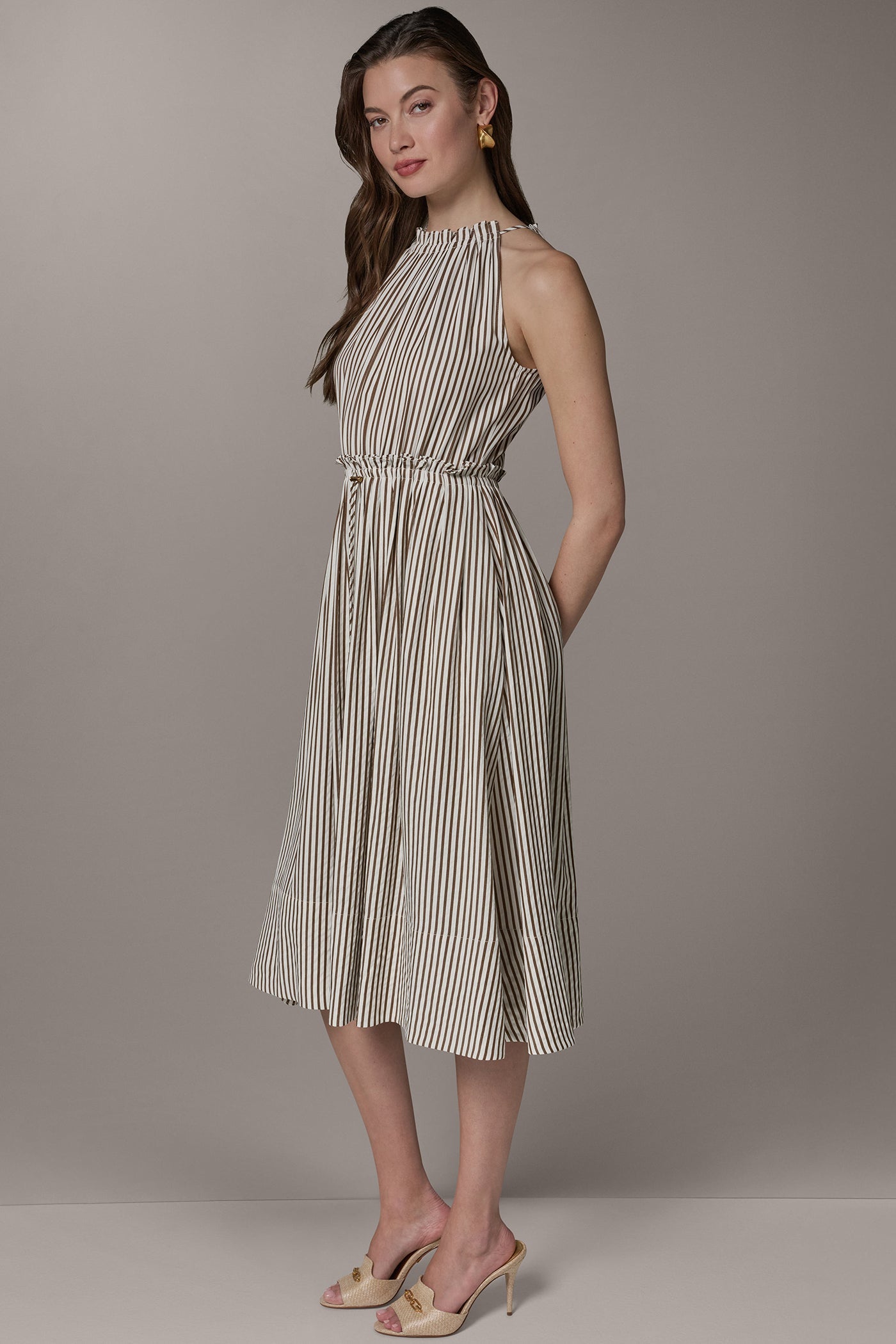 Cream/Russet SLEEVELESS DRAWSTRING WAIST MIDI HALTER DRESS Donna Karan