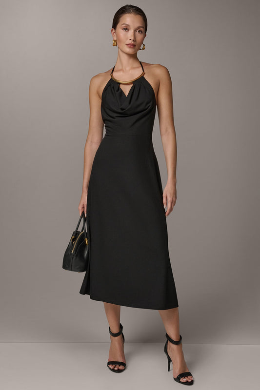 Black SLEEVELESS COWL NECK MIDI HALTER DRESS Donna Karan