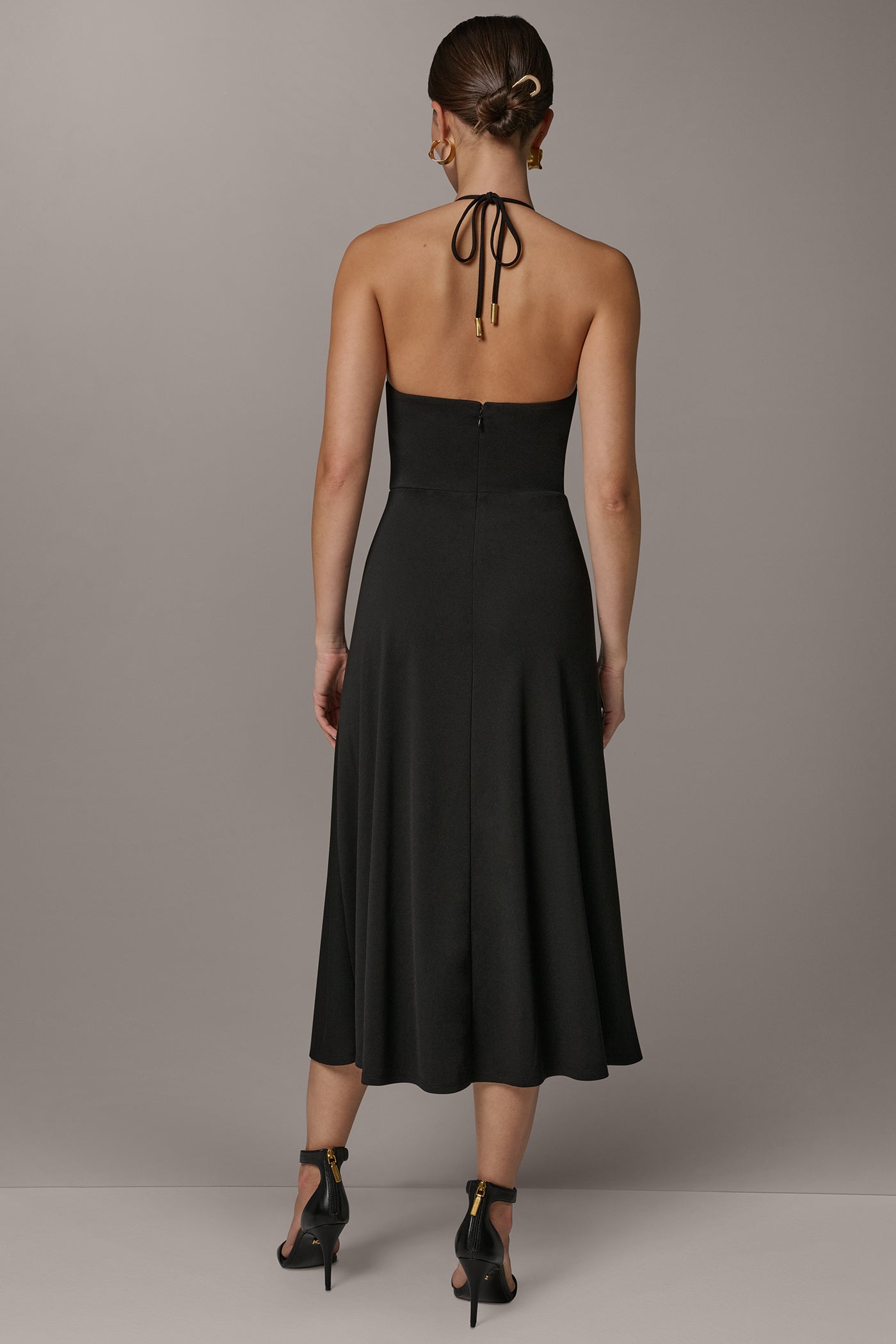Black SLEEVELESS COWL NECK MIDI HALTER DRESS Donna Karan