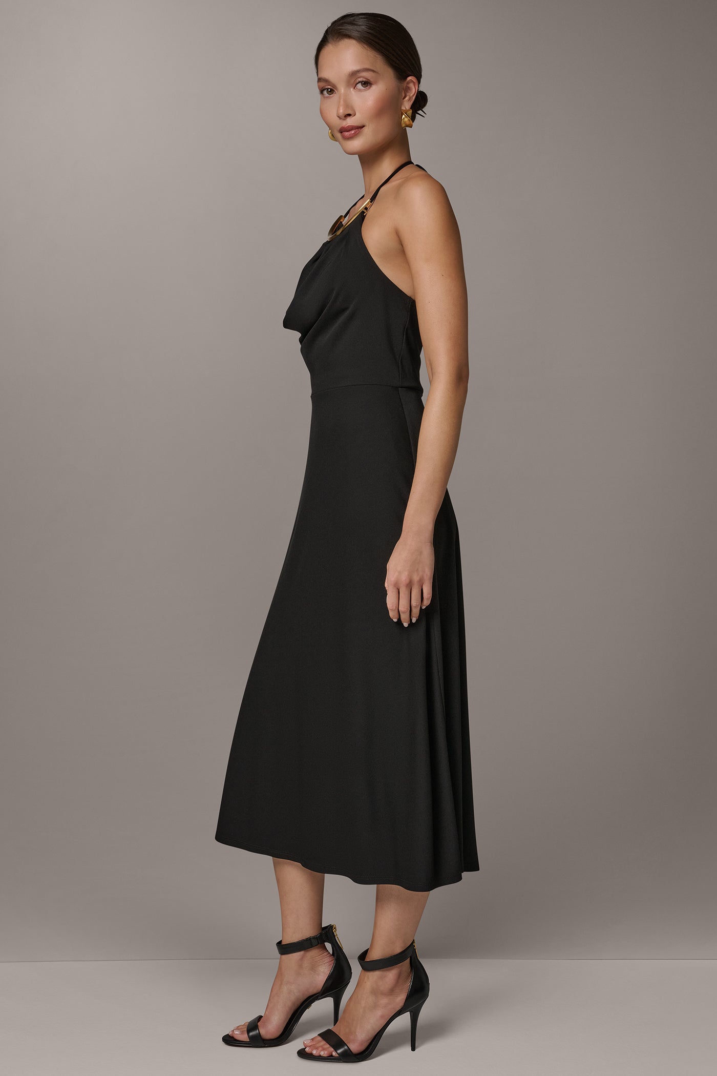 Black SLEEVELESS COWL NECK MIDI HALTER DRESS Donna Karan