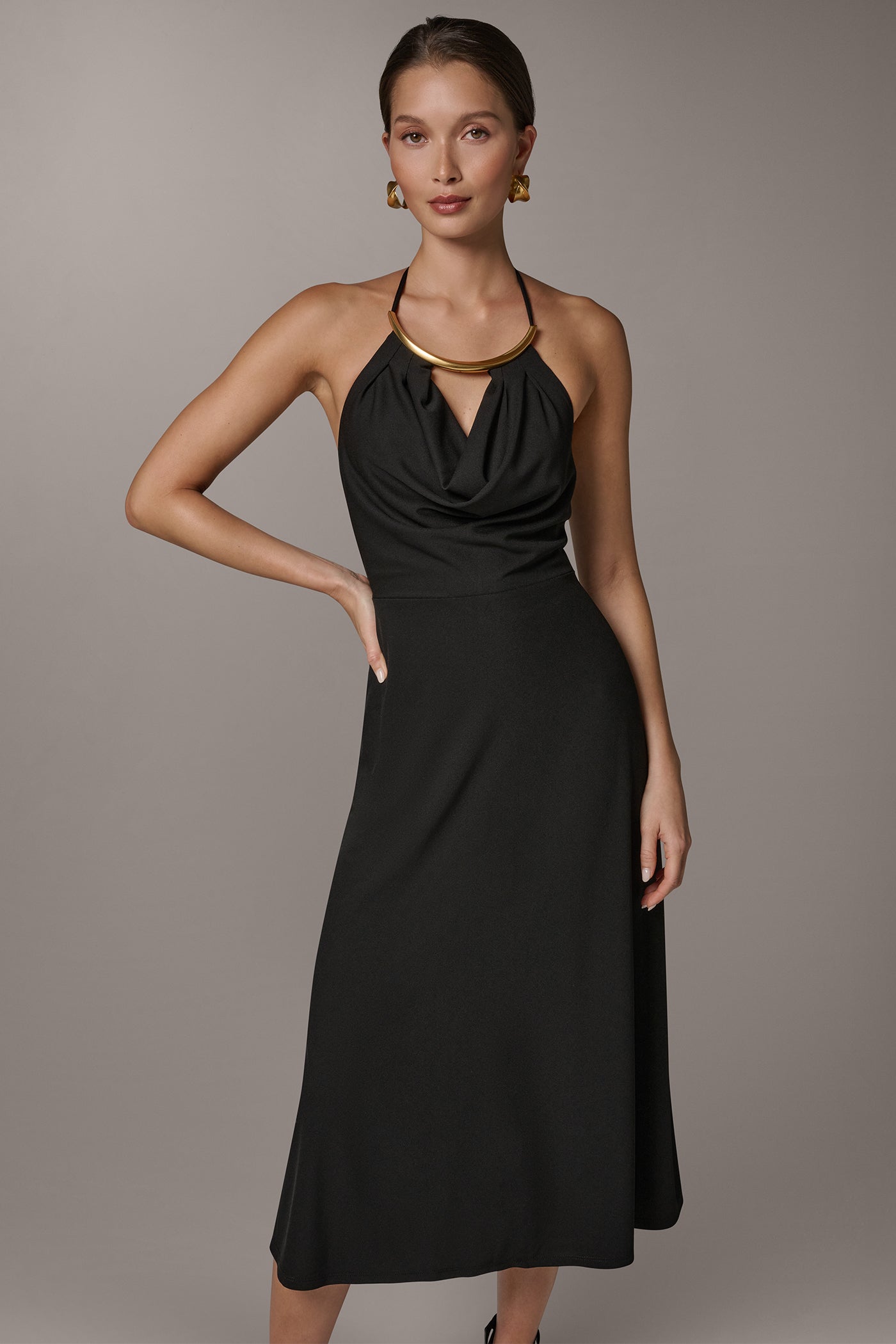 Black SLEEVELESS COWL NECK MIDI HALTER DRESS Donna Karan