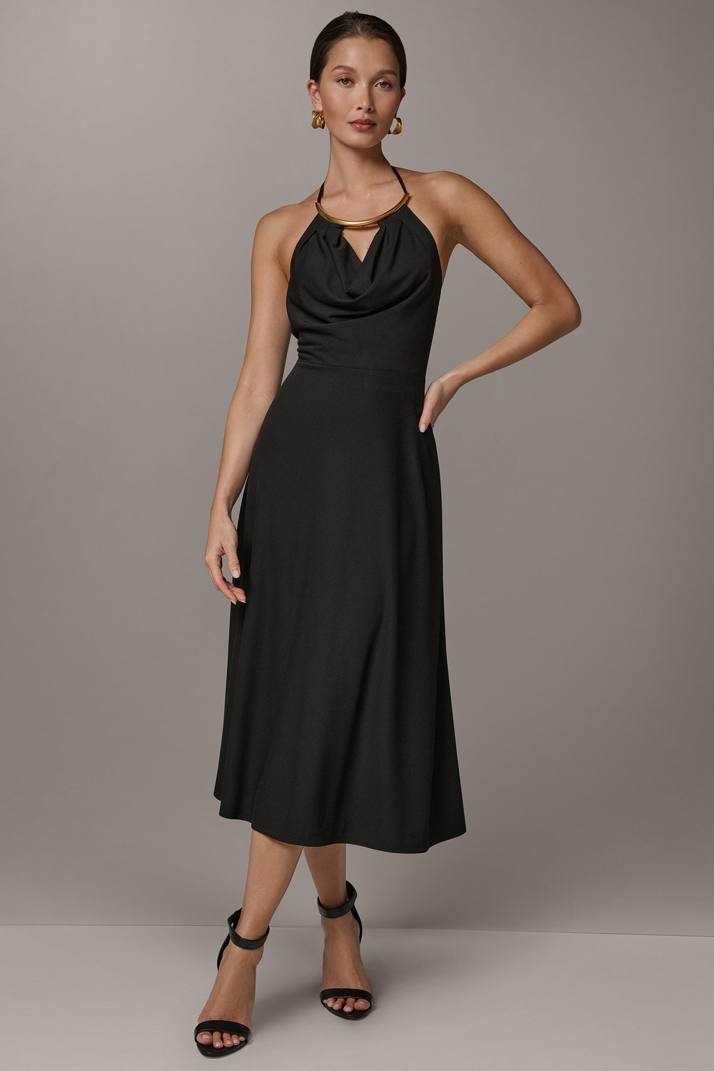 Black SLEEVELESS COWL NECK MIDI HALTER DRESS Donna Karan