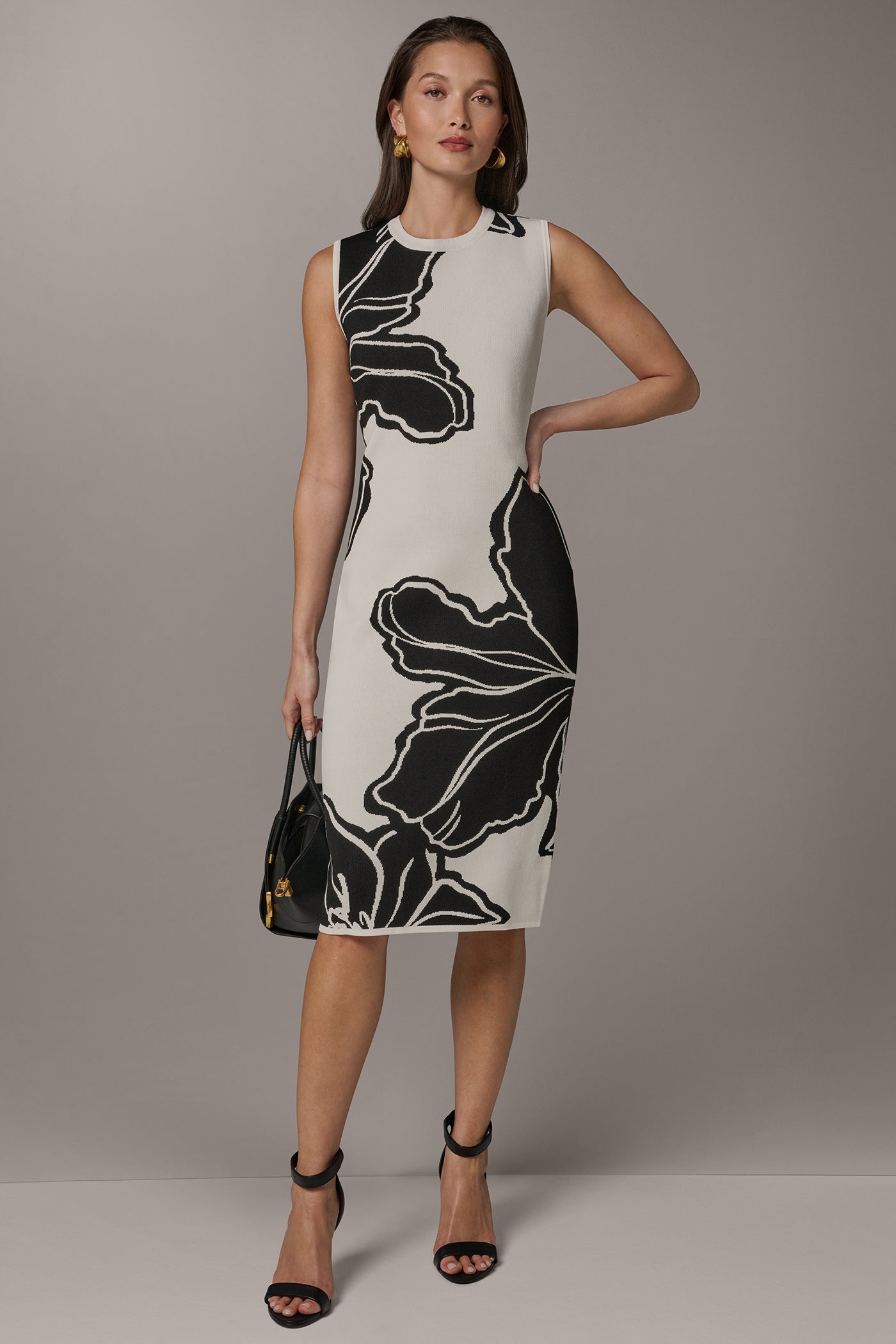 Cream/Black SLEEVELESS MIDI SWEATER DRESS Donna Karan