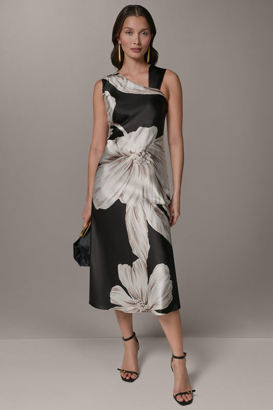 Black Multi SLEEVELESS ASYMMETRIC MIDI HALTER DRESS Donna Karan
