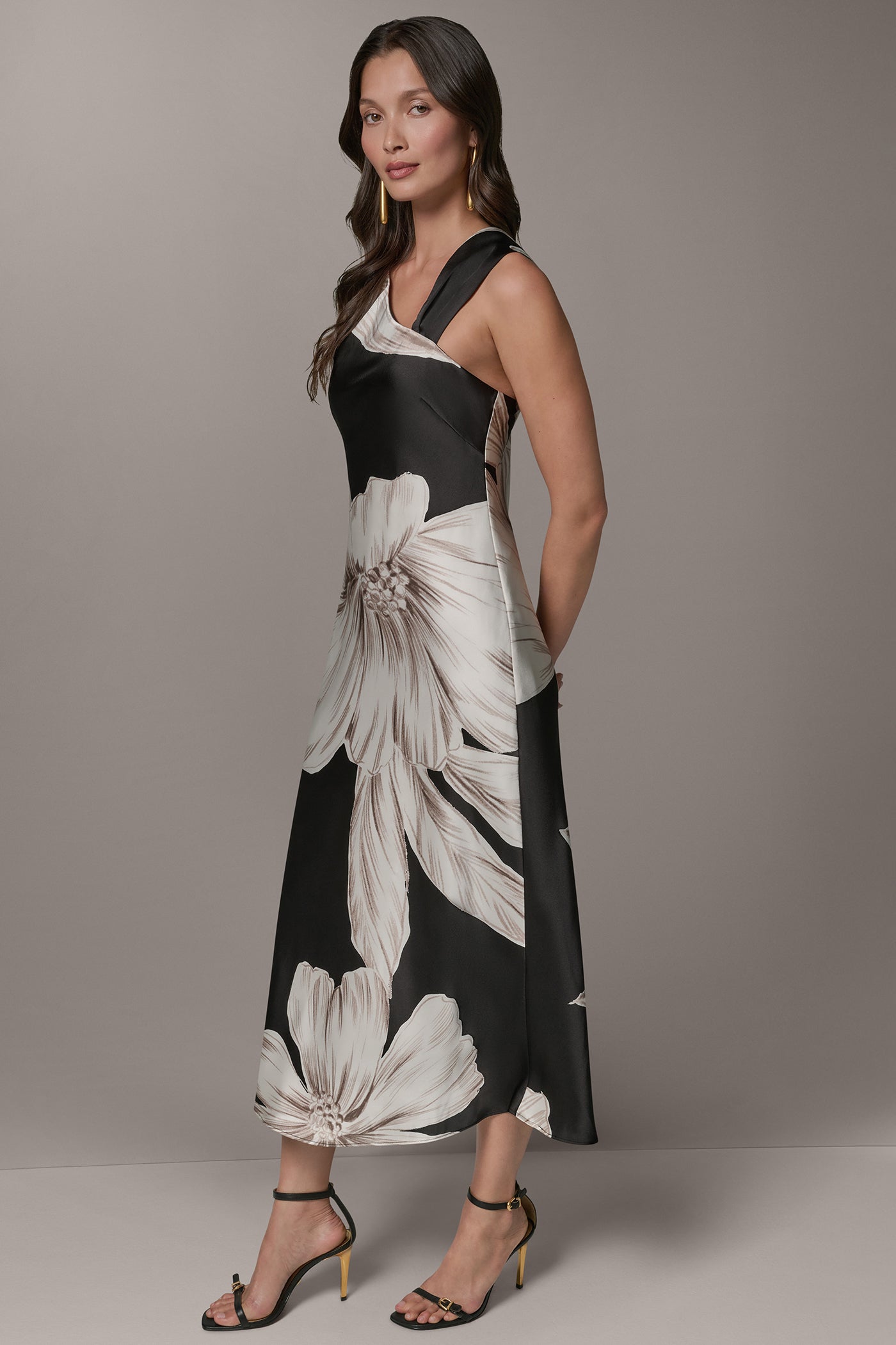 Black Multi SLEEVELESS ASYMMETRIC MIDI HALTER DRESS Donna Karan