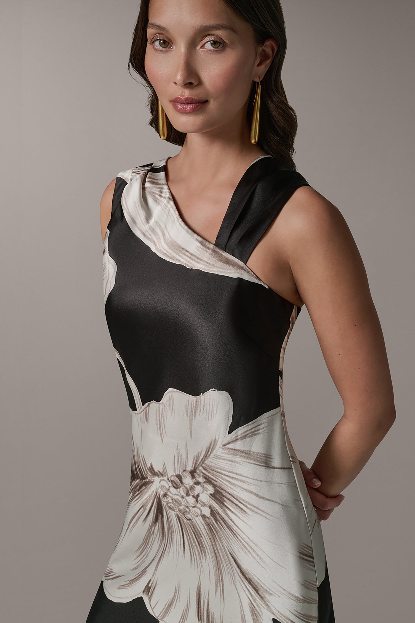 Black Multi SLEEVELESS ASYMMETRIC MIDI HALTER DRESS Donna Karan