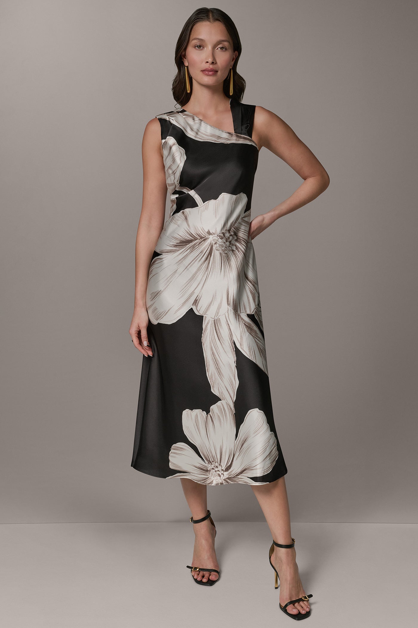 Black Multi SLEEVELESS ASYMMETRIC MIDI HALTER DRESS Donna Karan