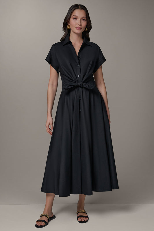 Black SHORT SLEEVE TIE FRONT MAXI SHIRT DRESS Donna Karan