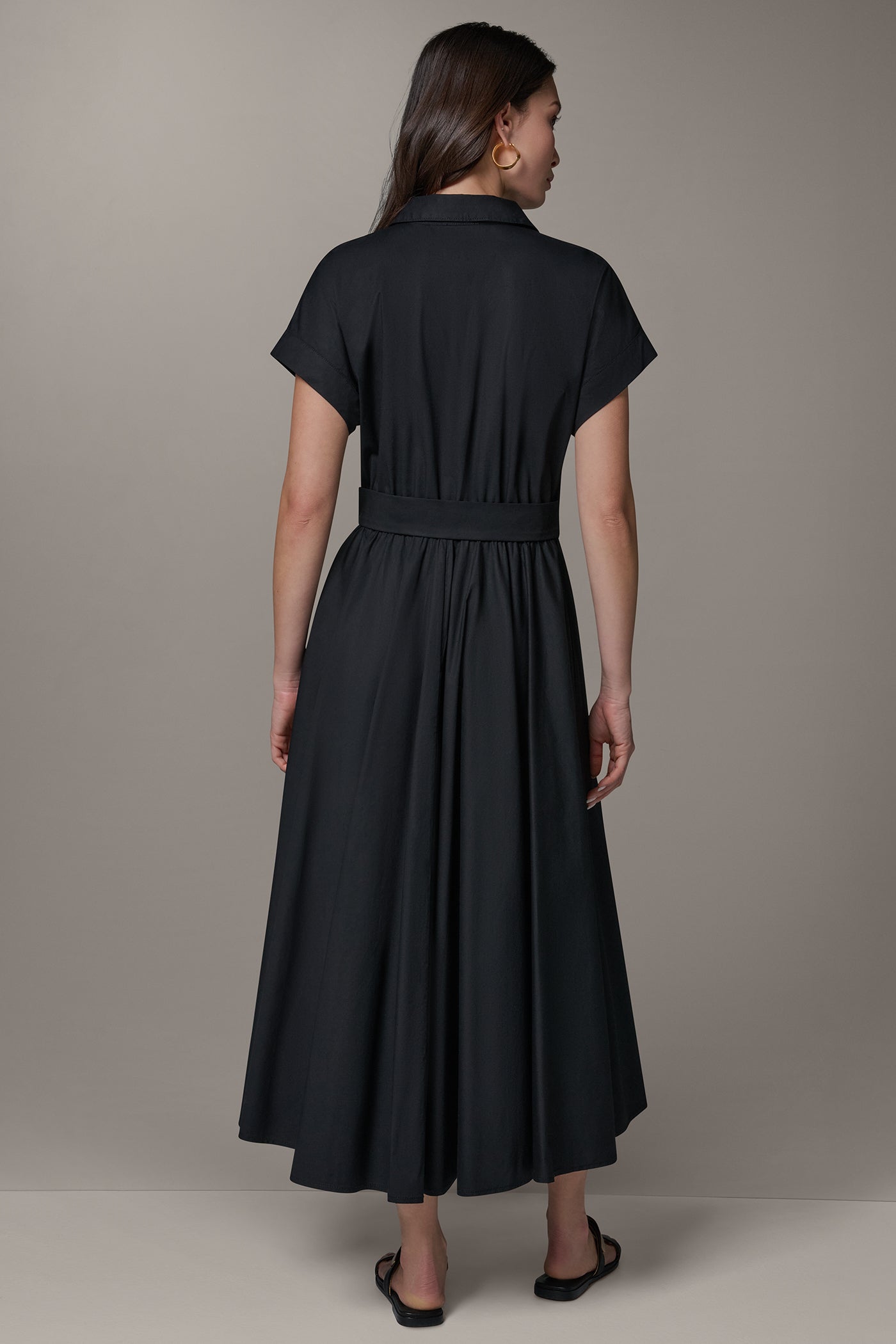 Black SHORT SLEEVE TIE FRONT MAXI SHIRT DRESS Donna Karan
