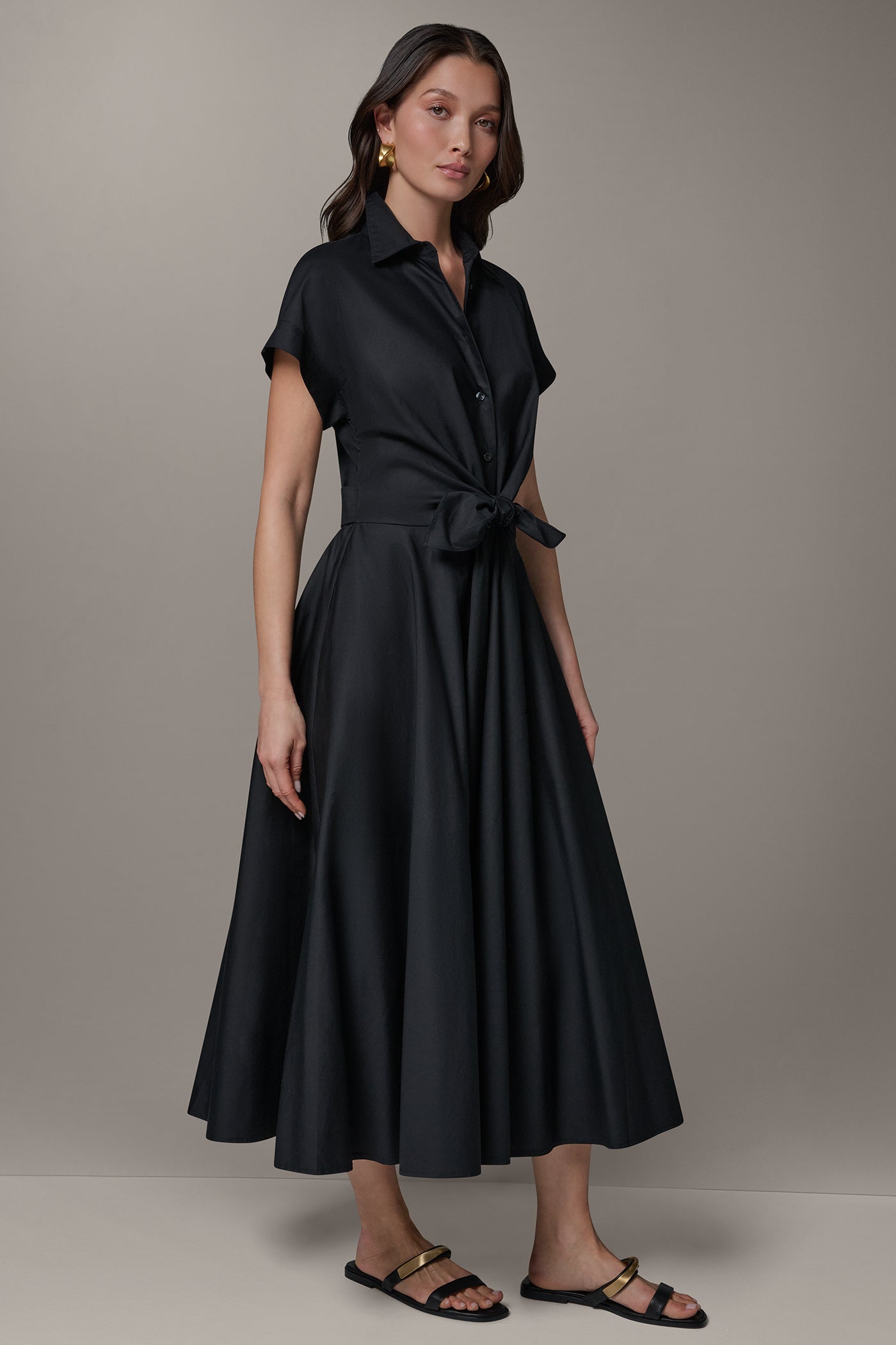 Black SHORT SLEEVE TIE FRONT MAXI SHIRT DRESS Donna Karan