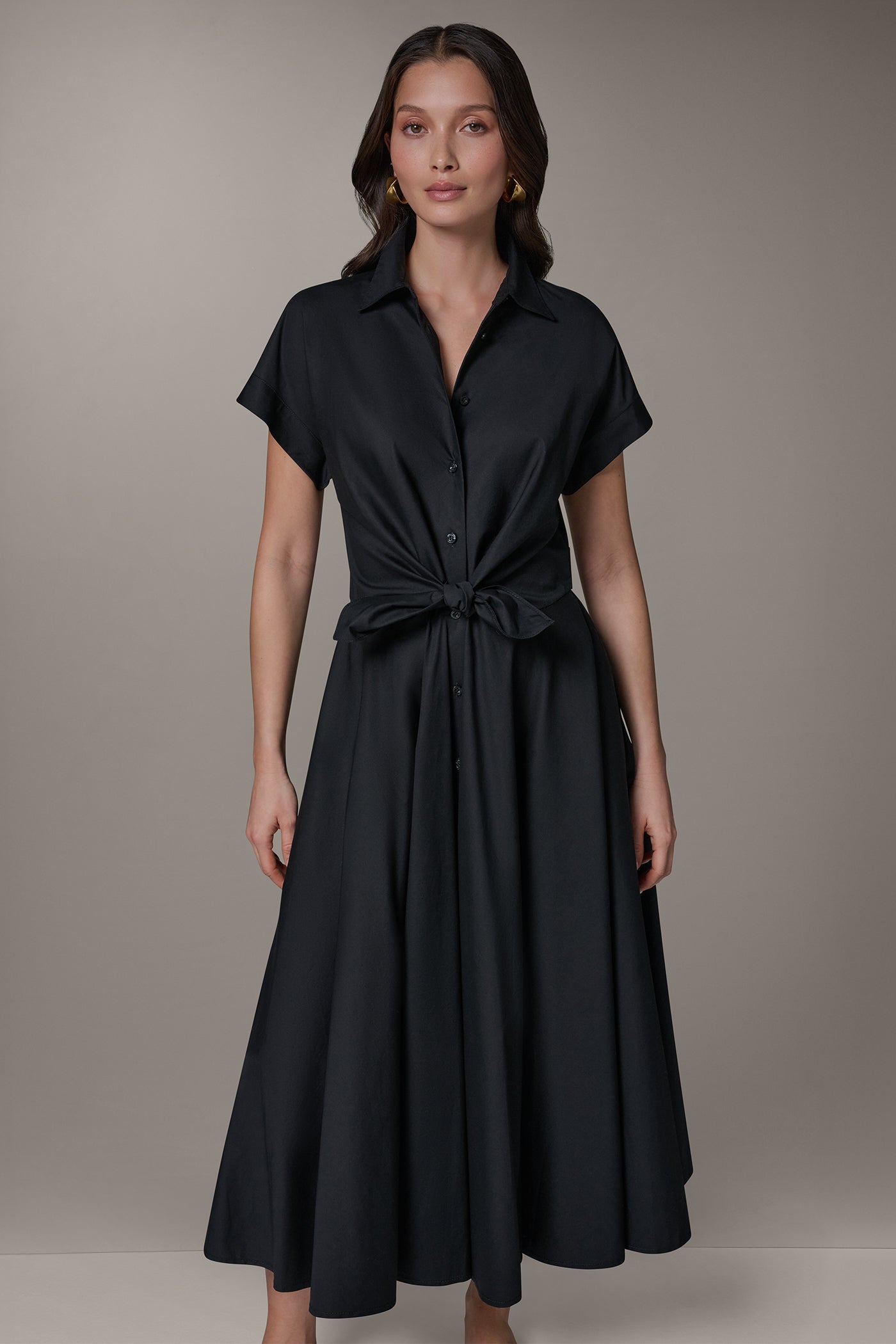 Black SHORT SLEEVE TIE FRONT MAXI SHIRT DRESS Donna Karan