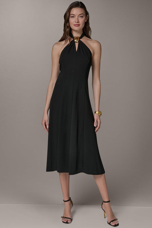 Black SLEEVELESS MIDI A-LINE HALTER DRESS Donna Karan