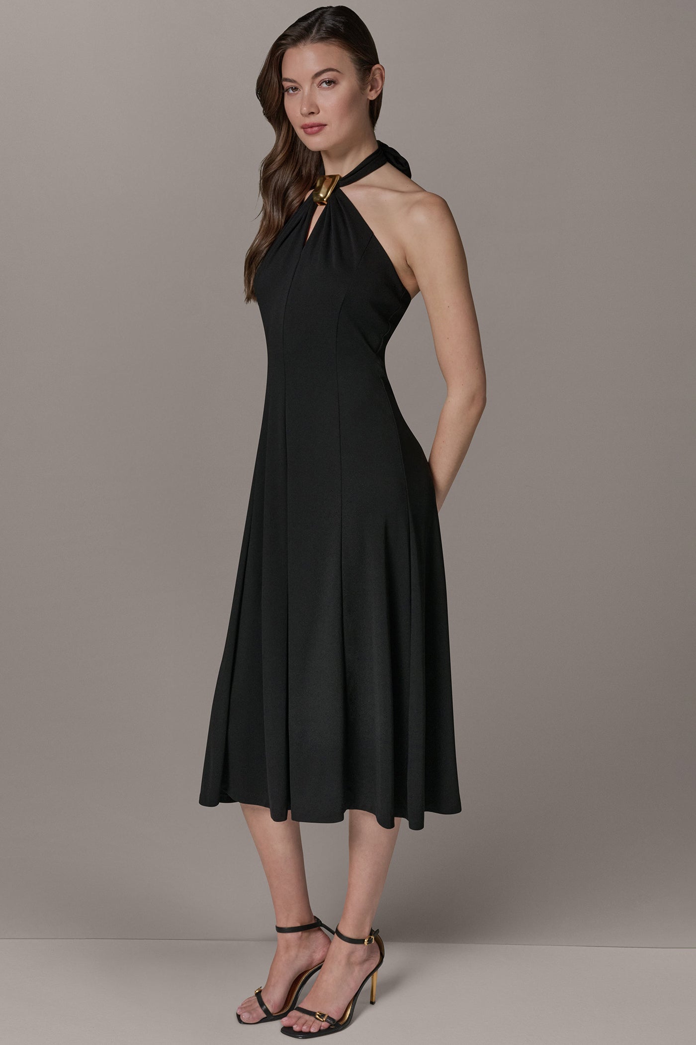 Black SLEEVELESS MIDI A-LINE HALTER DRESS Donna Karan