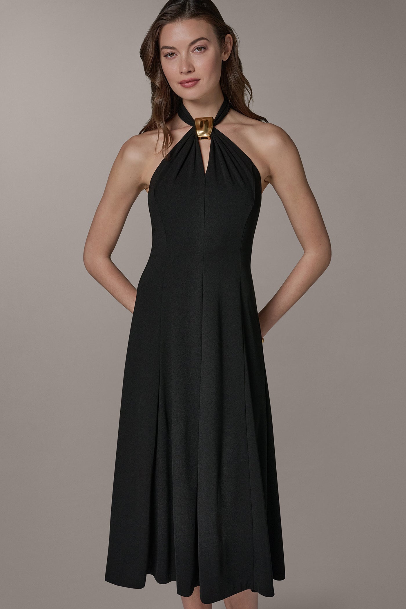 Black SLEEVELESS MIDI A-LINE HALTER DRESS Donna Karan