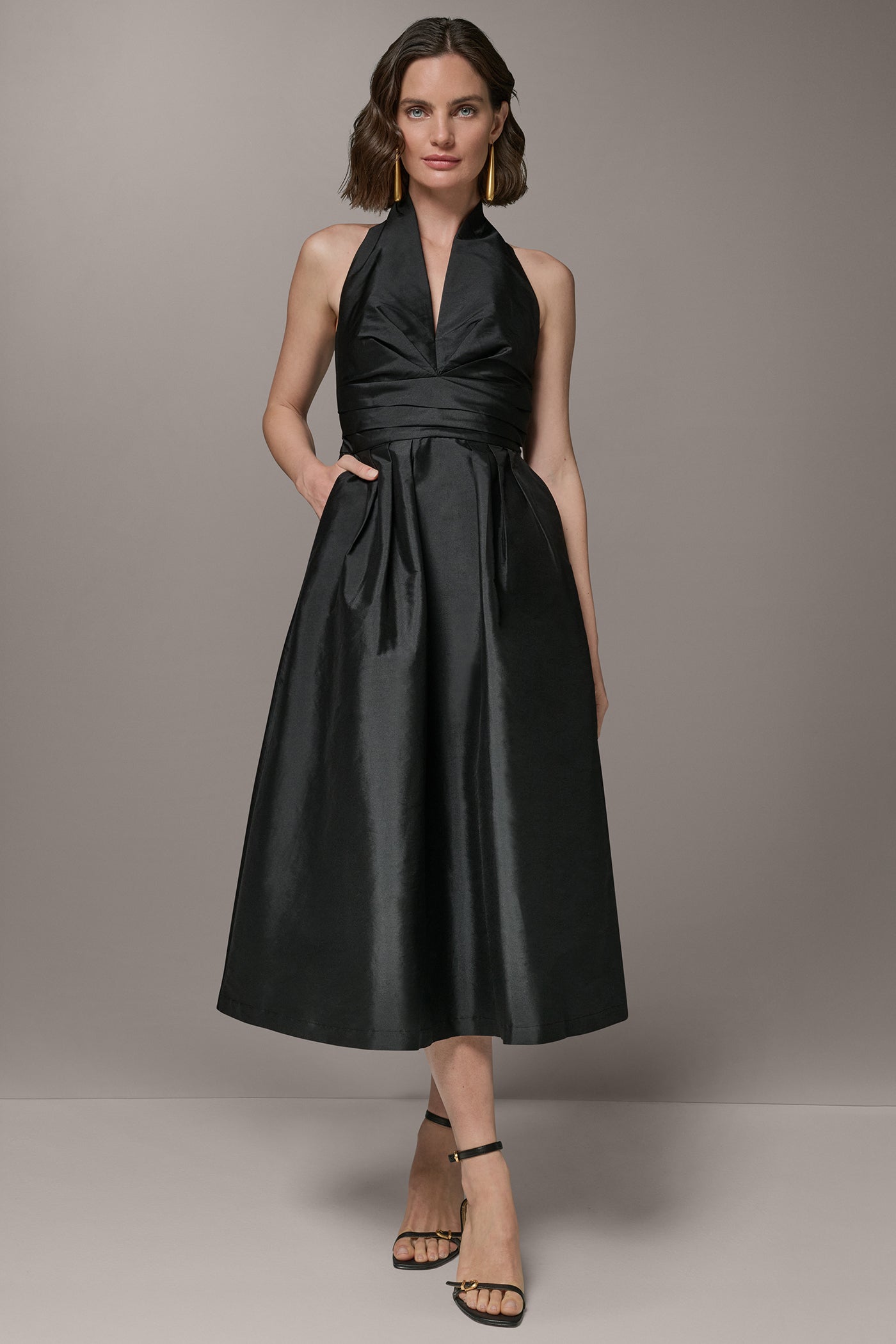 Black SLEEVELESS V-NECK TAFFETA MIDI COCKTAIL DRESS Donna Karan