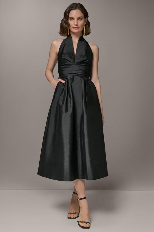 Black SLEEVELESS V-NECK TAFFETA MIDI COCKTAIL DRESS Donna Karan