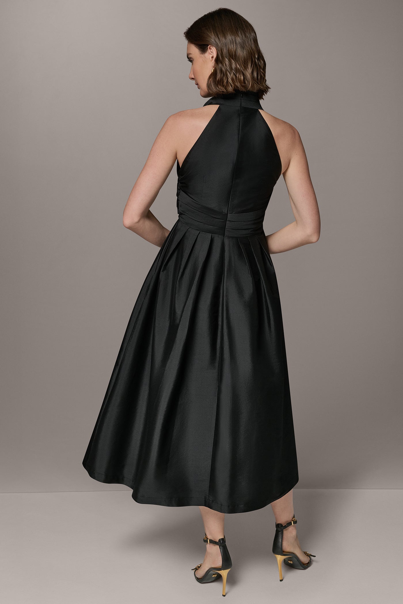 Black SLEEVELESS V-NECK TAFFETA MIDI COCKTAIL DRESS Donna Karan