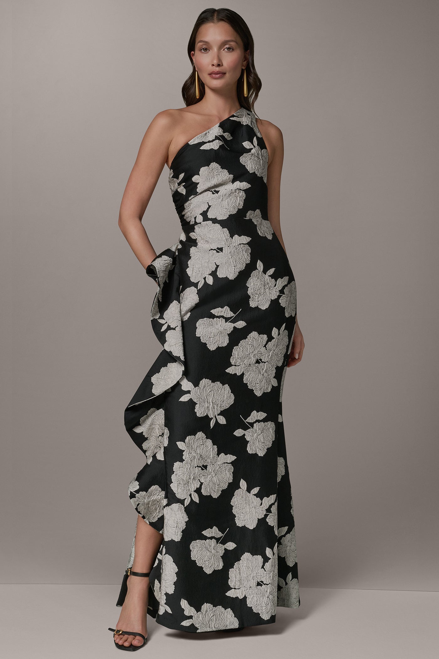 Black Cream ONE SHOULDER FLORAL SIDE RUFFLE GOWN Donna Karan