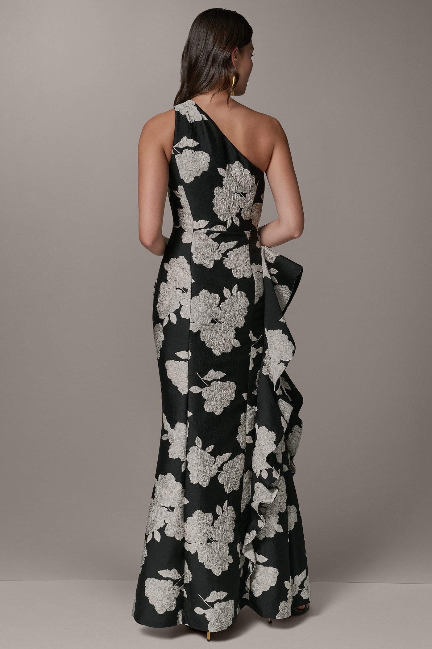 Black Cream ONE SHOULDER FLORAL SIDE RUFFLE GOWN Donna Karan