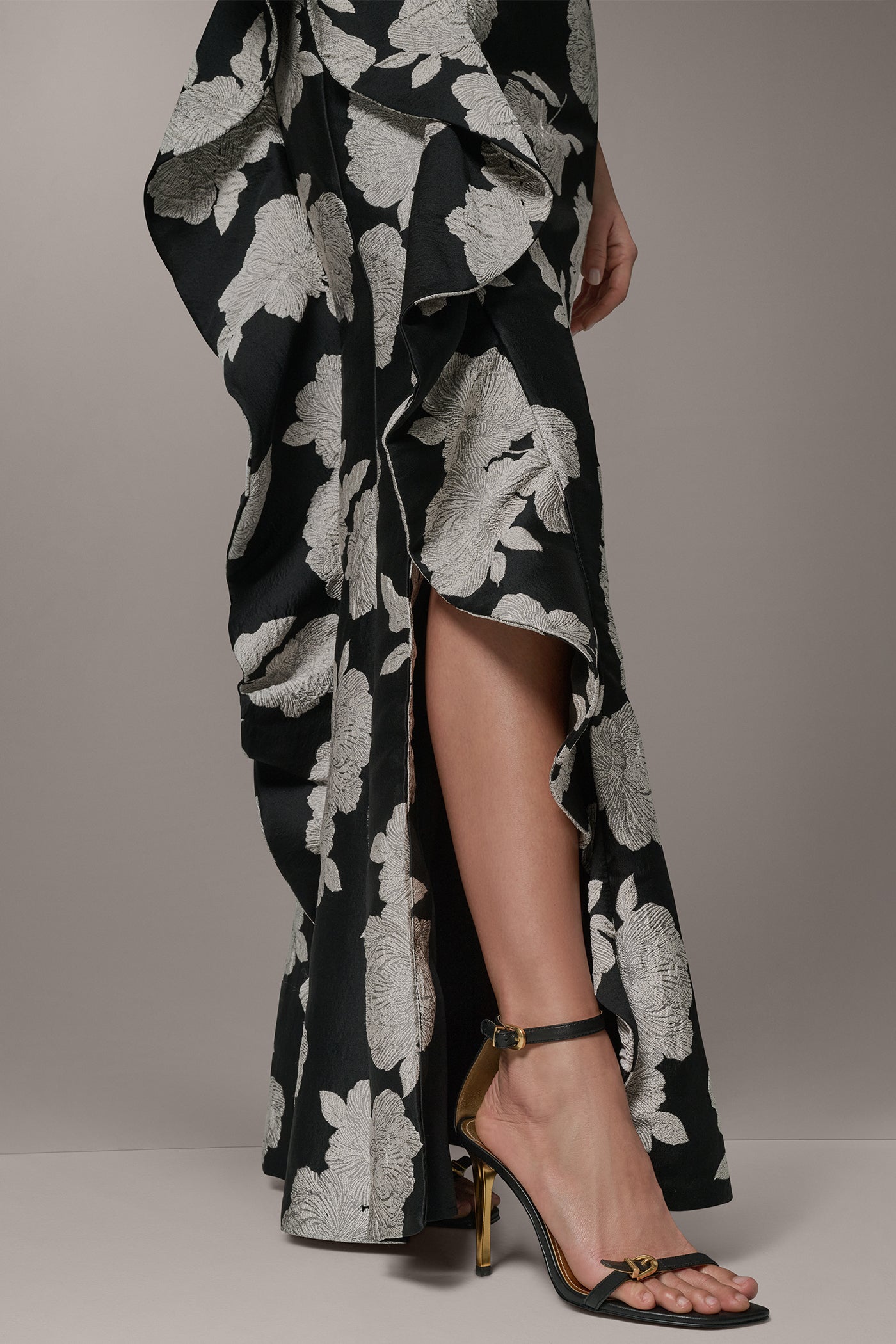 Black Cream ONE SHOULDER FLORAL SIDE RUFFLE GOWN Donna Karan