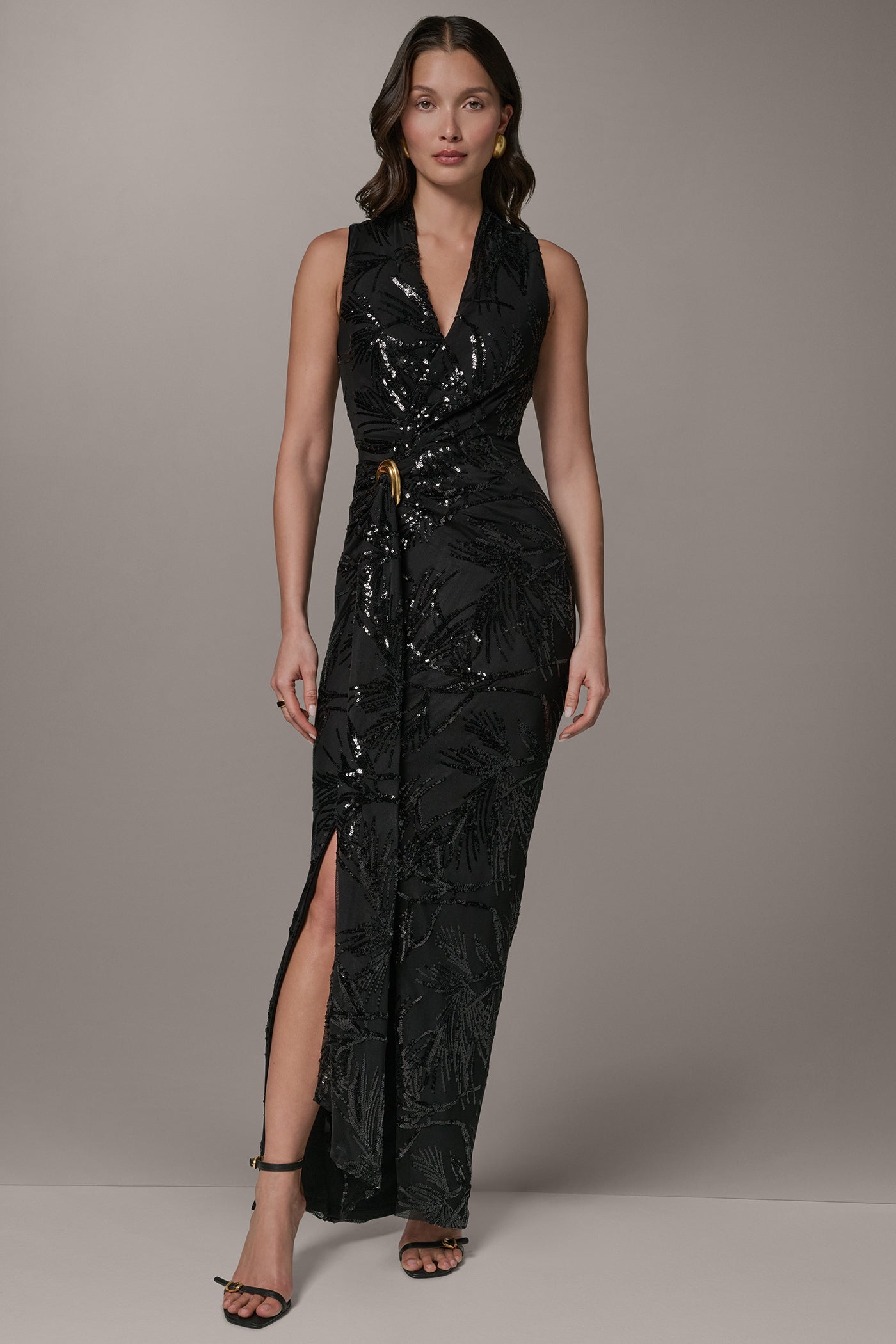 Black SLEEVELESS WRAP-EFFECT SEQUIN GOWN Donna Karan