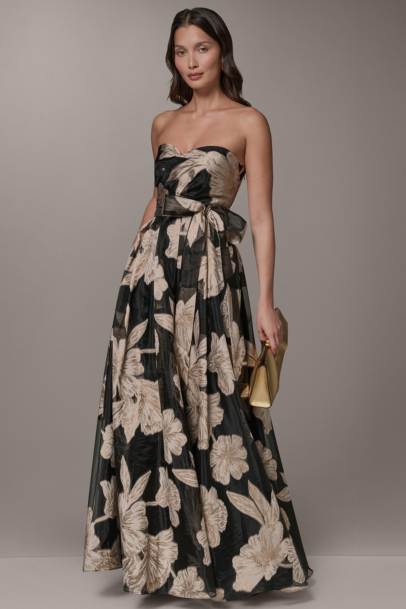 Black/Light Canvas Multi STRAPLESS SWEETHEART METALLIC FLORAL BALL GOWN Donna Karan