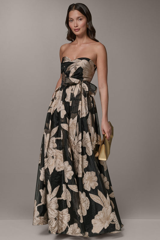 Black/Light Canvas Multi STRAPLESS SWEETHEART METALLIC FLORAL BALL GOWN Donna Karan