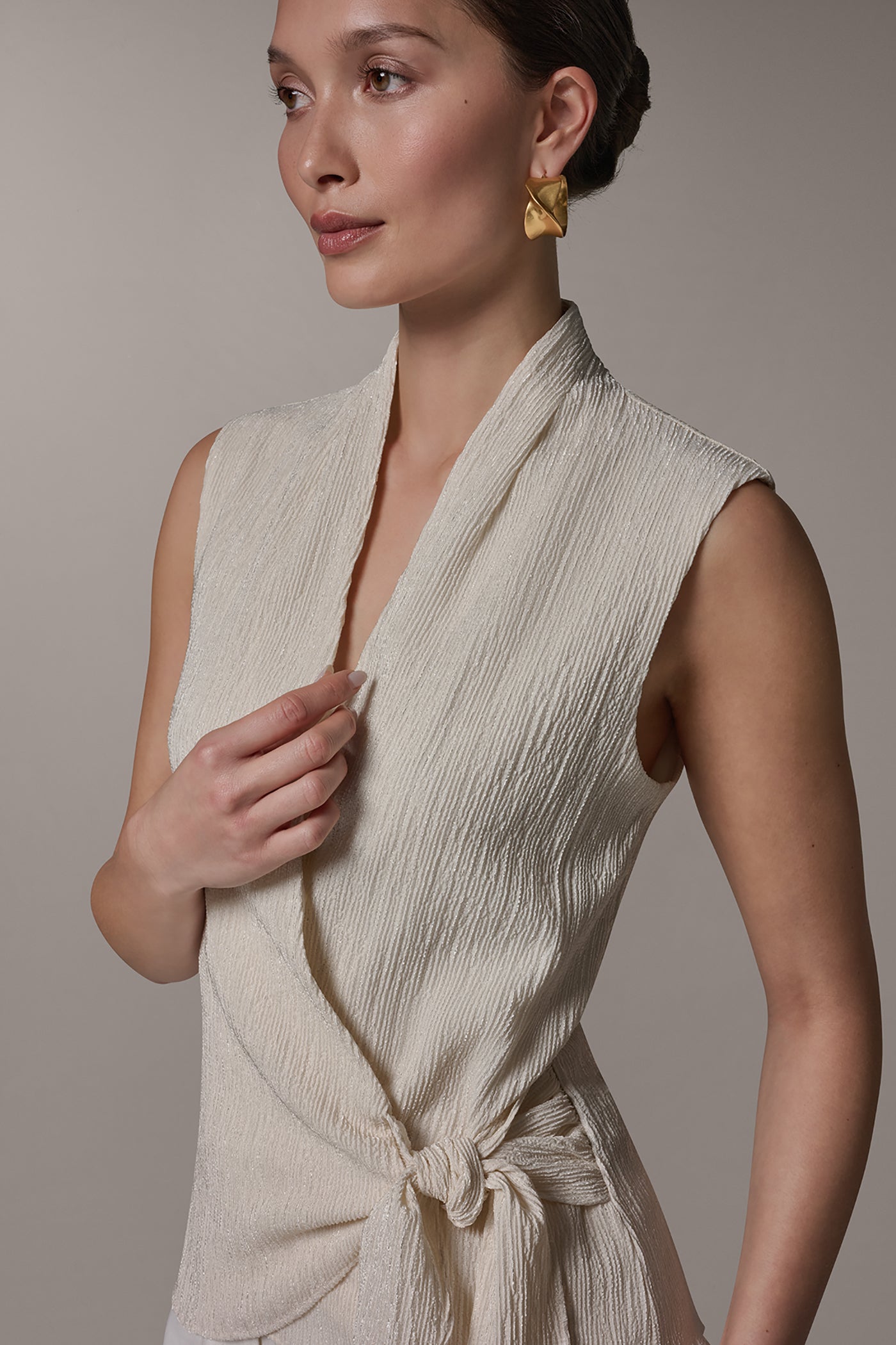 Cream WRAP-EFFECT CRINKLE TOP Donna Karan
