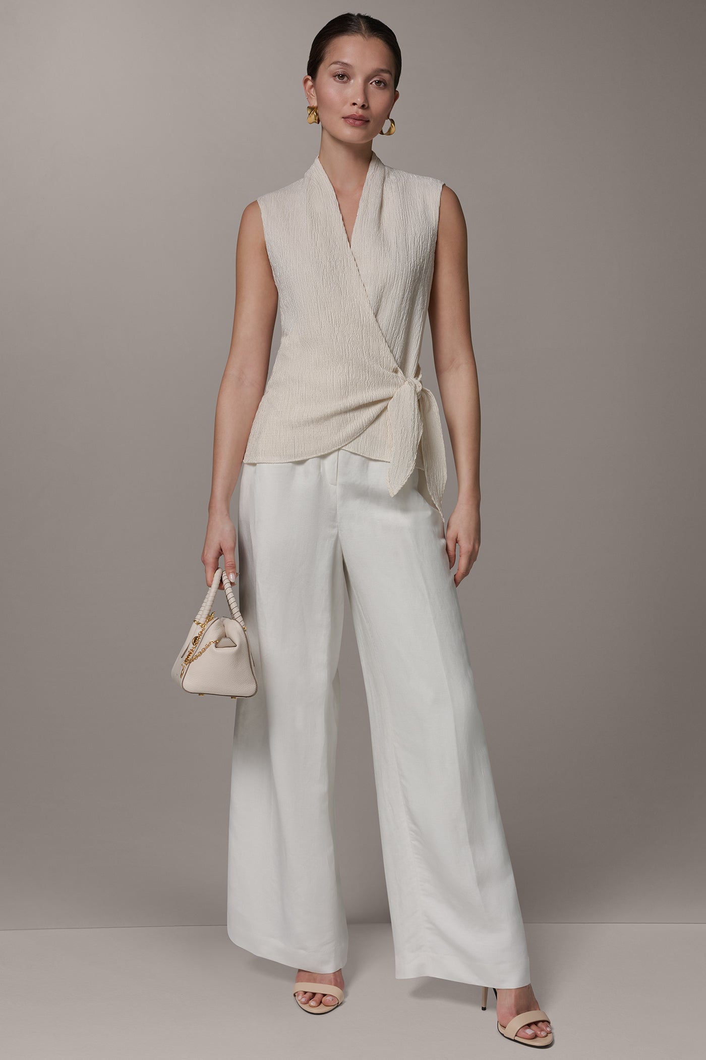 Cream WRAP-EFFECT CRINKLE TOP Donna Karan