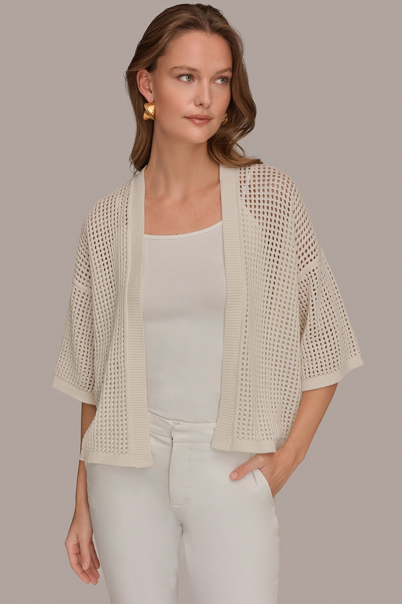 Cream OPEN STITCH CARDIGAN Donna Karan