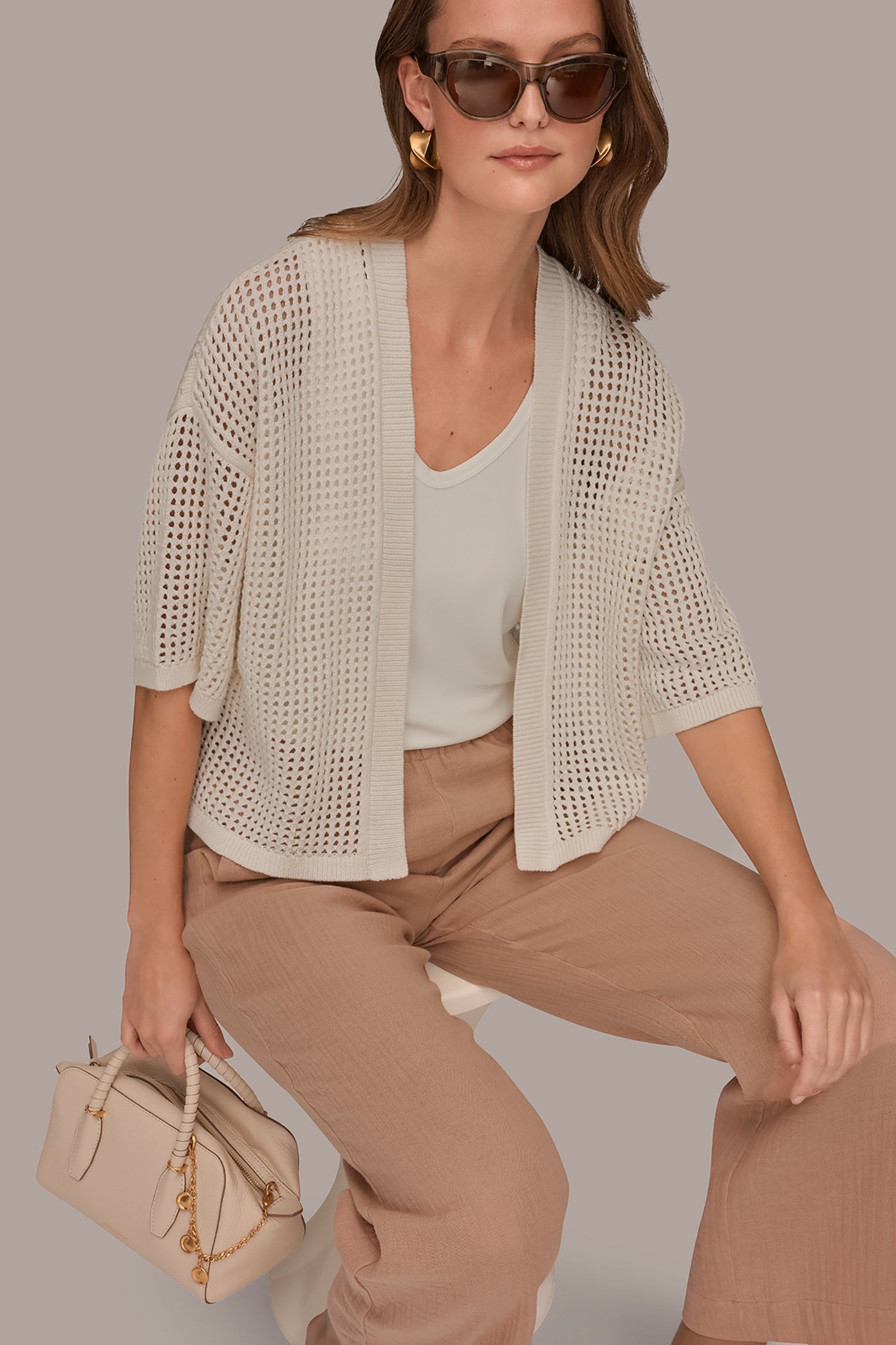 Cream OPEN STITCH CARDIGAN Donna Karan