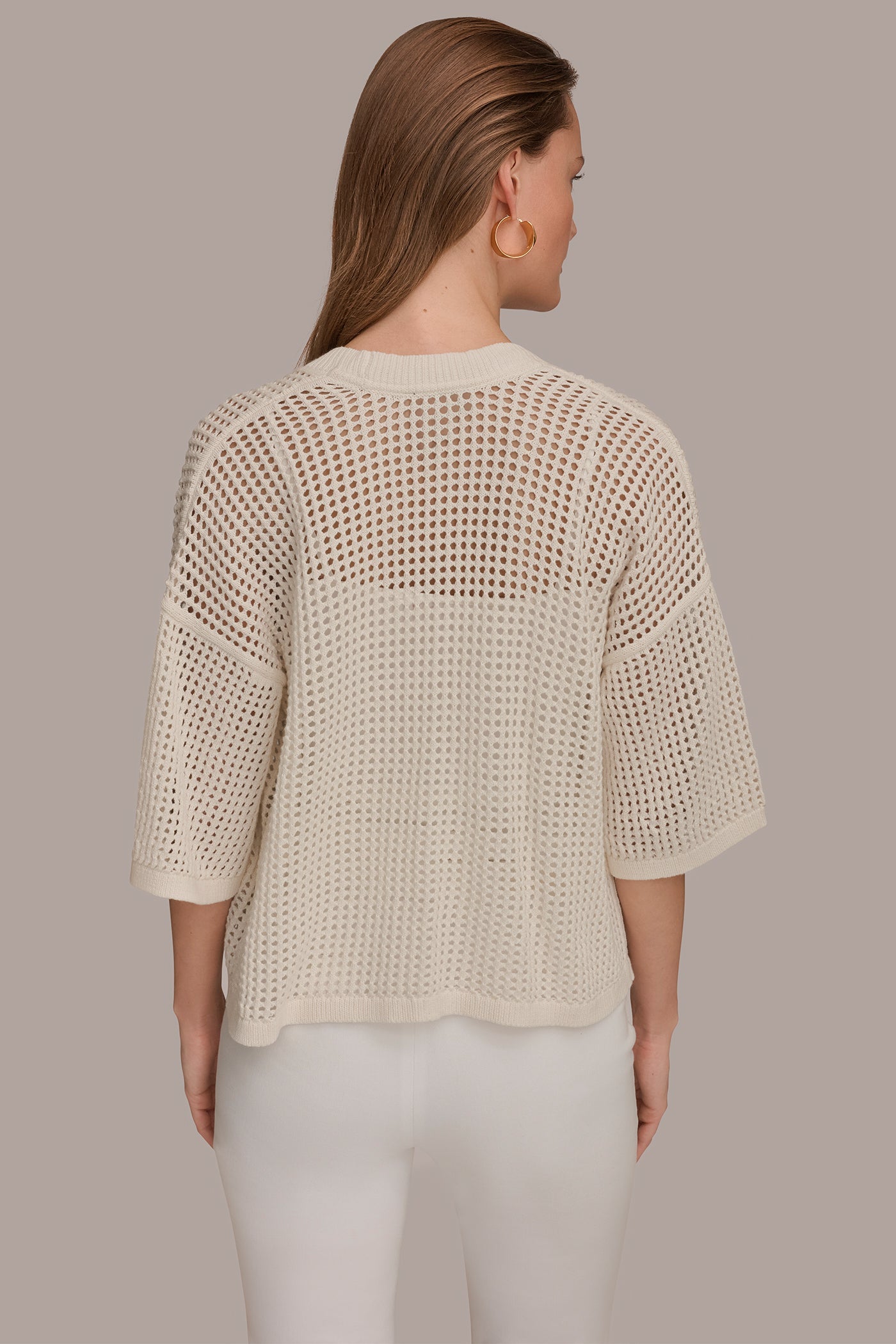 Cream OPEN STITCH CARDIGAN Donna Karan