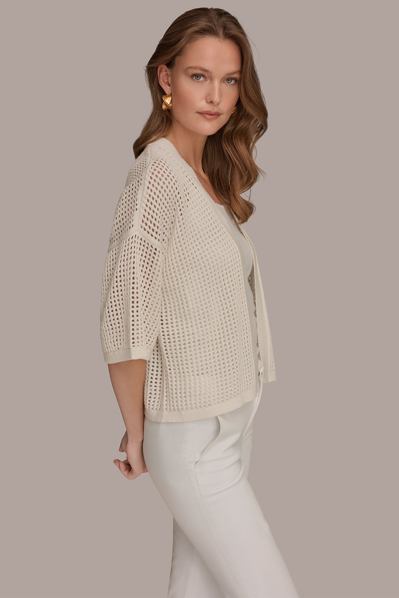 Cream OPEN STITCH CARDIGAN Donna Karan