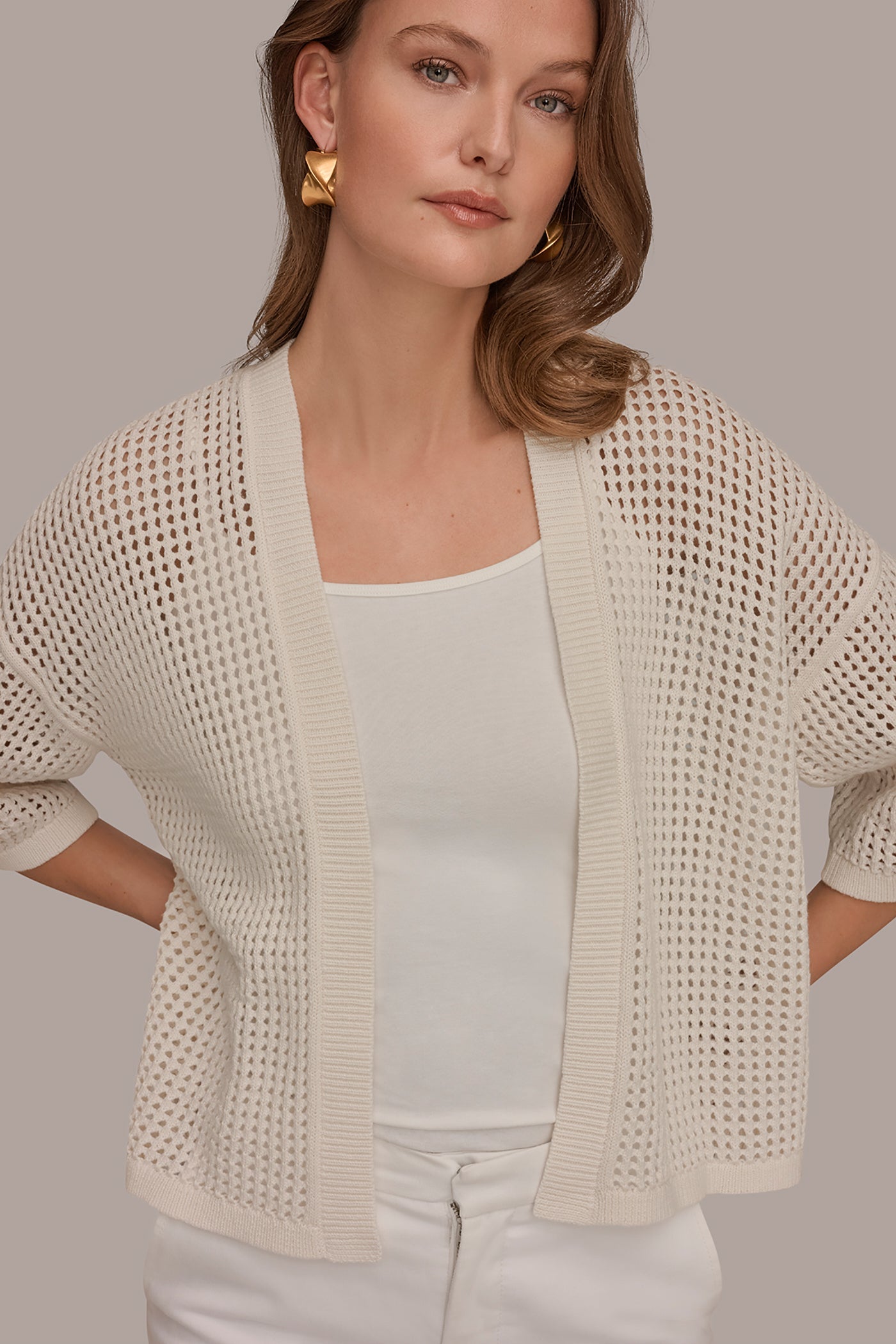 Cream OPEN STITCH CARDIGAN Donna Karan