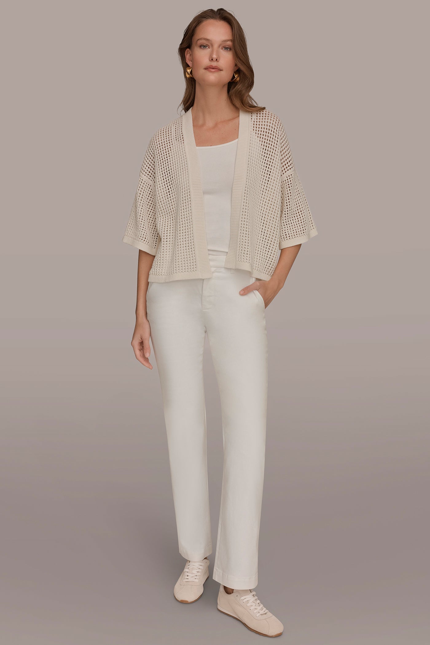 Cream OPEN STITCH CARDIGAN Donna Karan