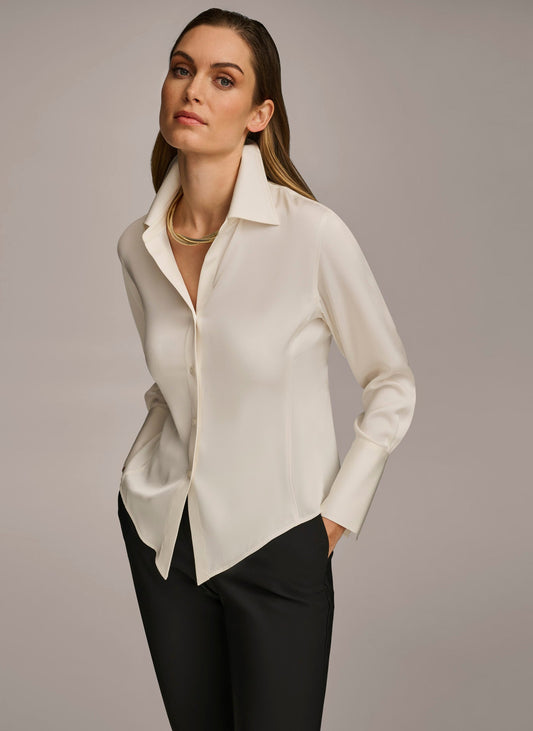 Cream COLLARED BUTTON DOWN BLOUSE Donna Karan