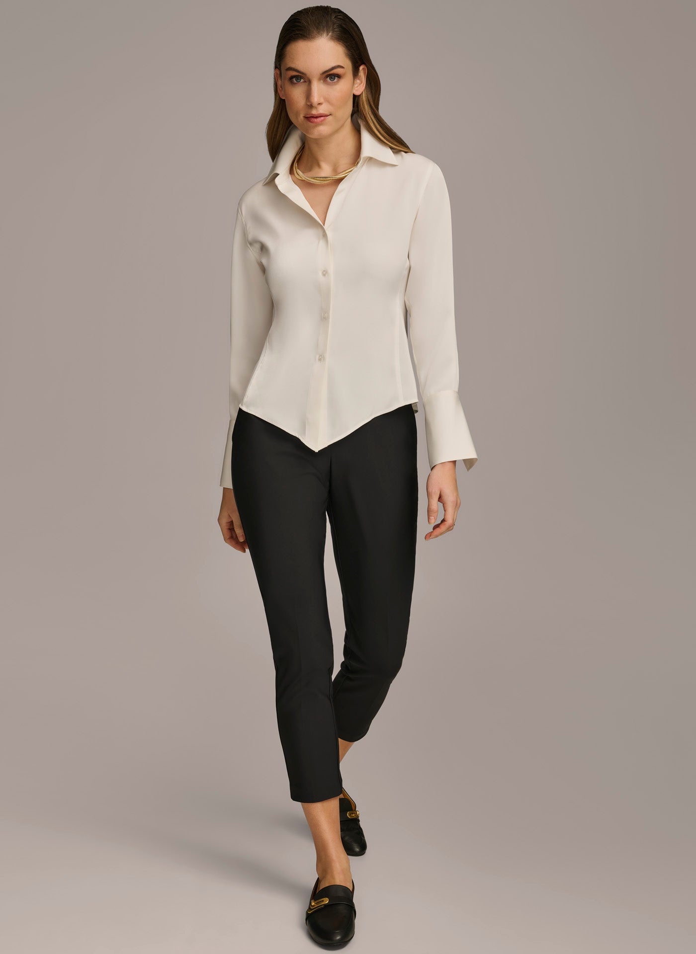 Cream COLLARED BUTTON DOWN BLOUSE Donna Karan