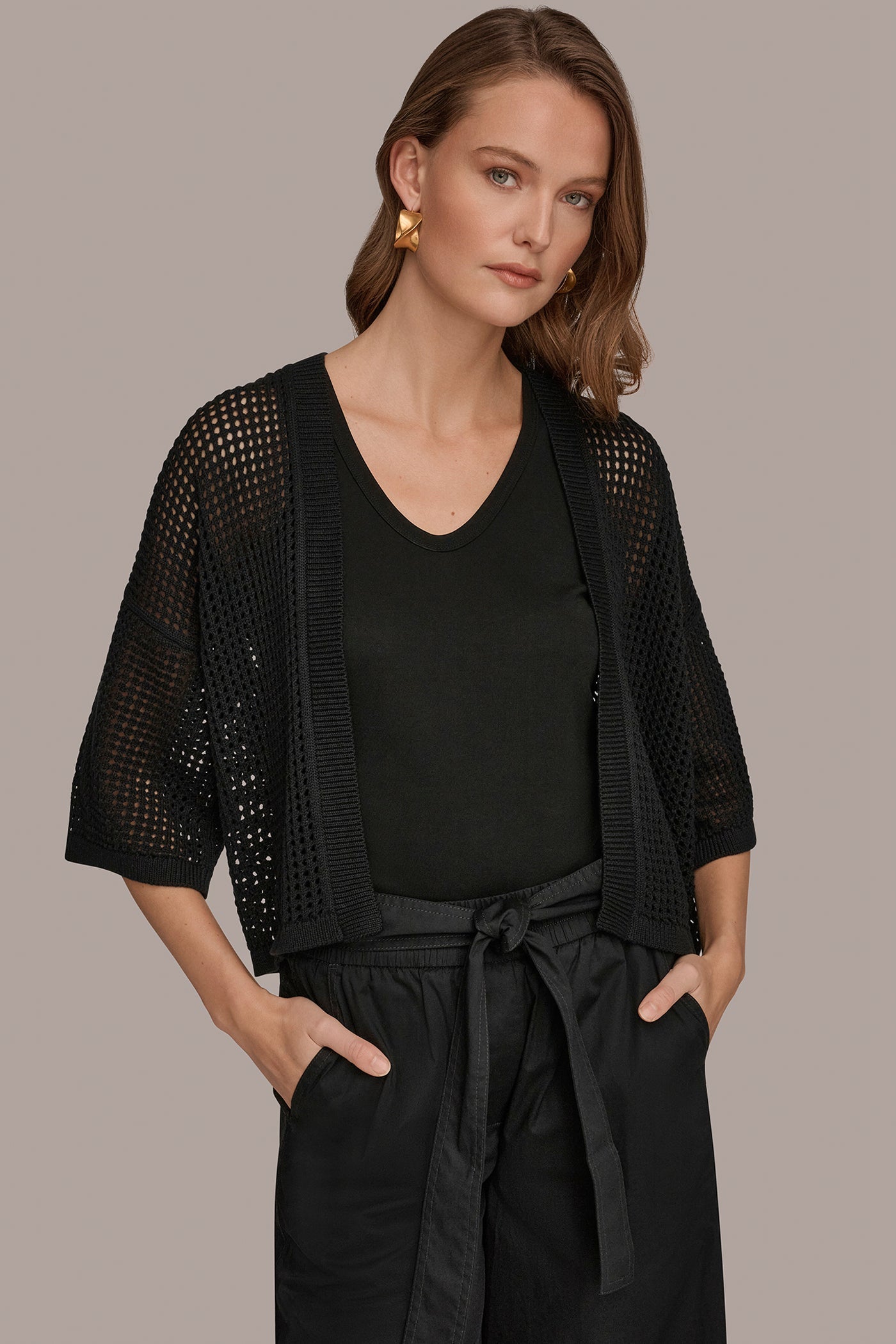 Black OPEN STITCH CARDIGAN Donna Karan
