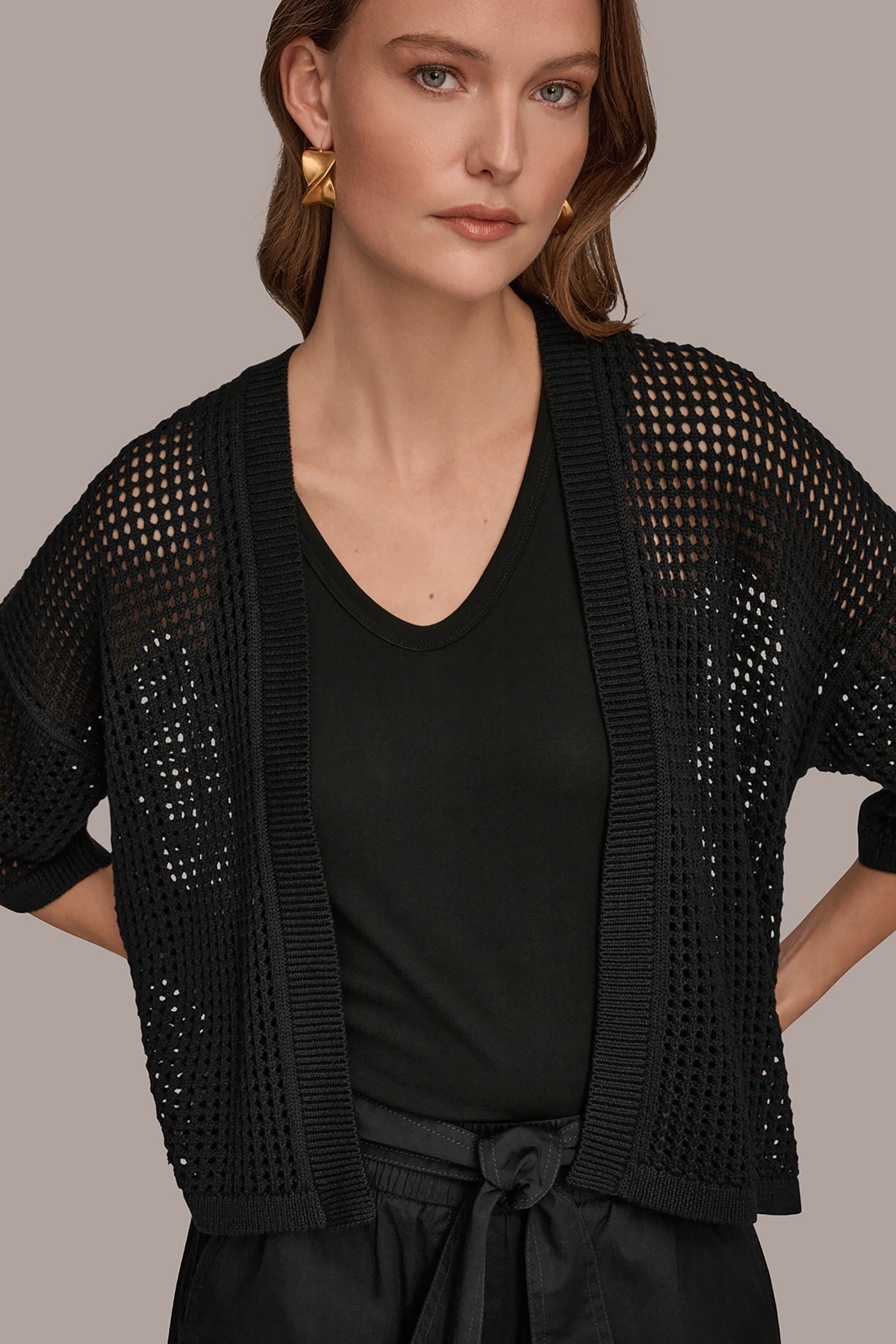 Black OPEN STITCH CARDIGAN Donna Karan