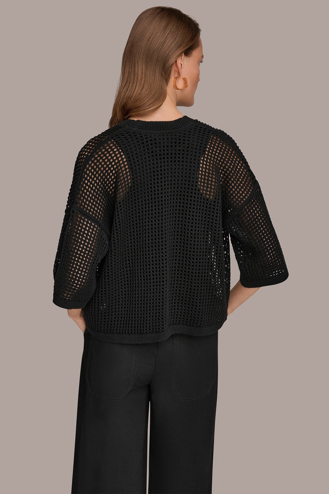 Black OPEN STITCH CARDIGAN Donna Karan