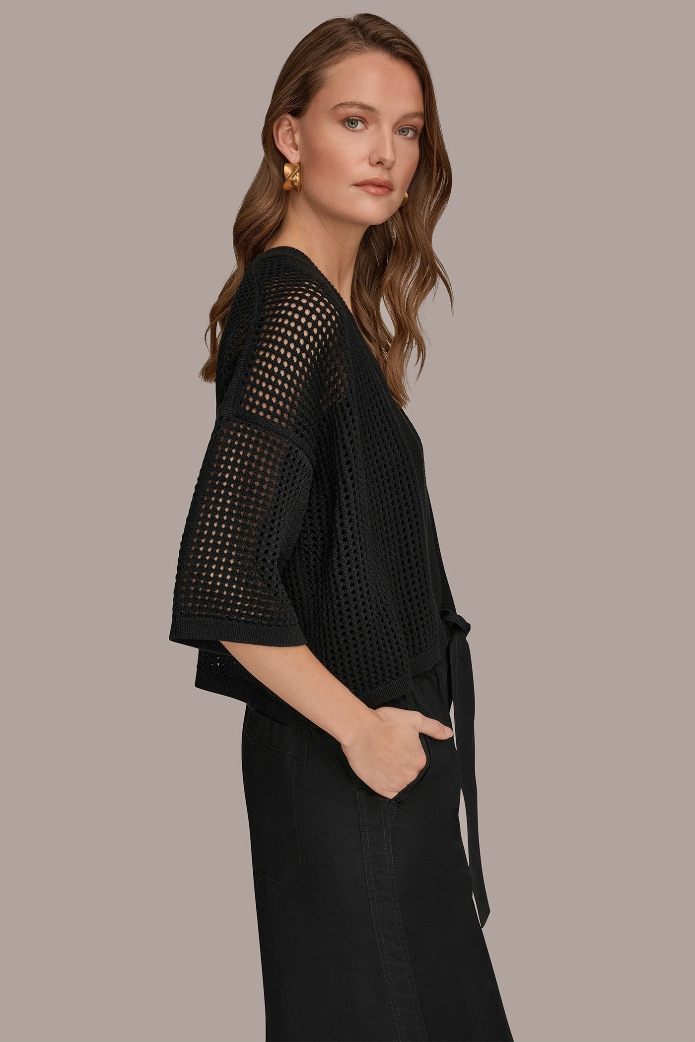 Black OPEN STITCH CARDIGAN Donna Karan