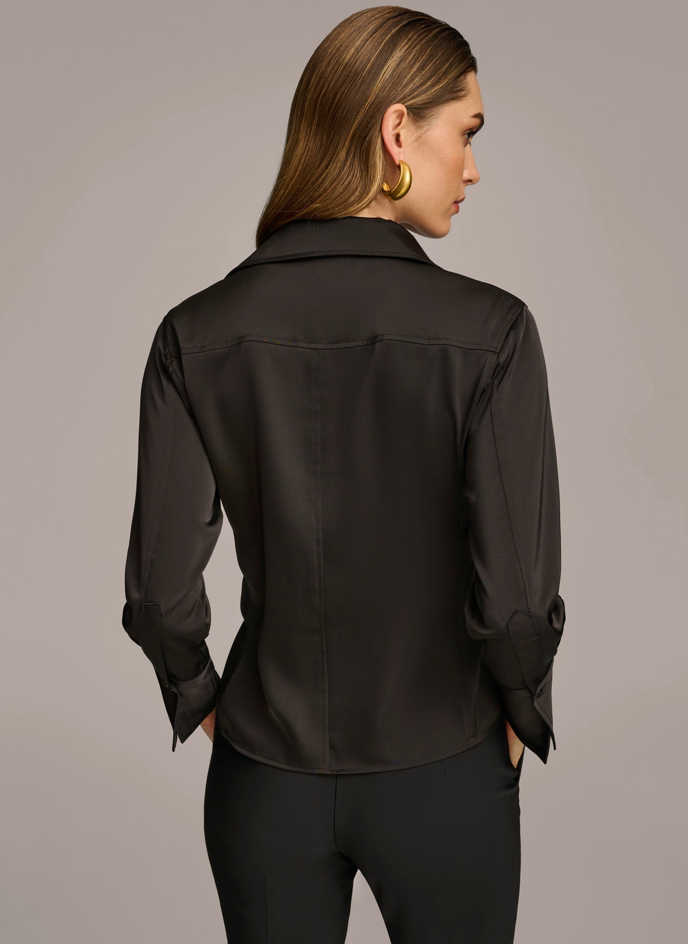 Black COLLARED BUTTON DOWN BLOUSE Donna Karan