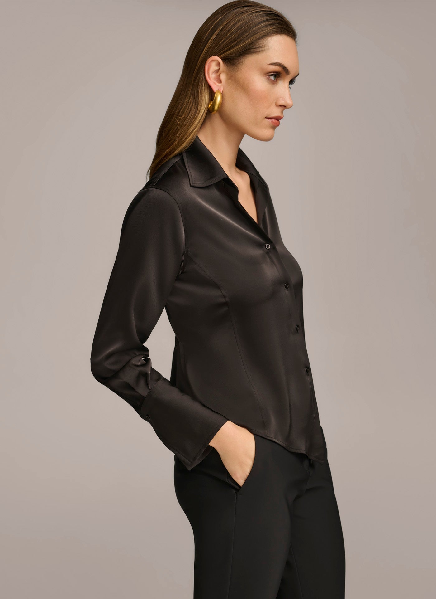 Black COLLARED BUTTON DOWN BLOUSE Donna Karan