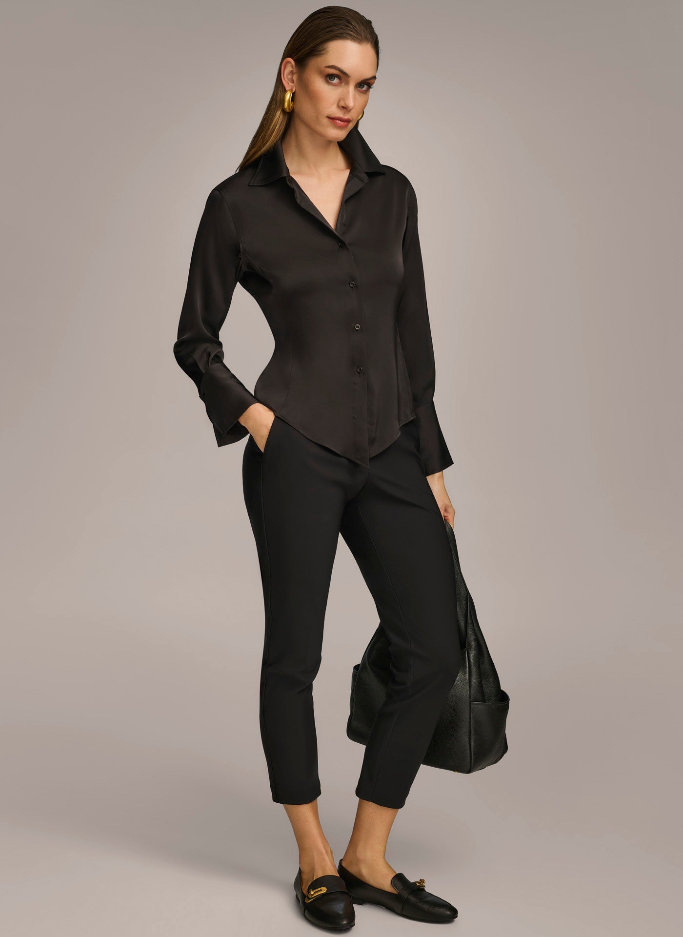 Black COLLARED BUTTON DOWN BLOUSE Donna Karan