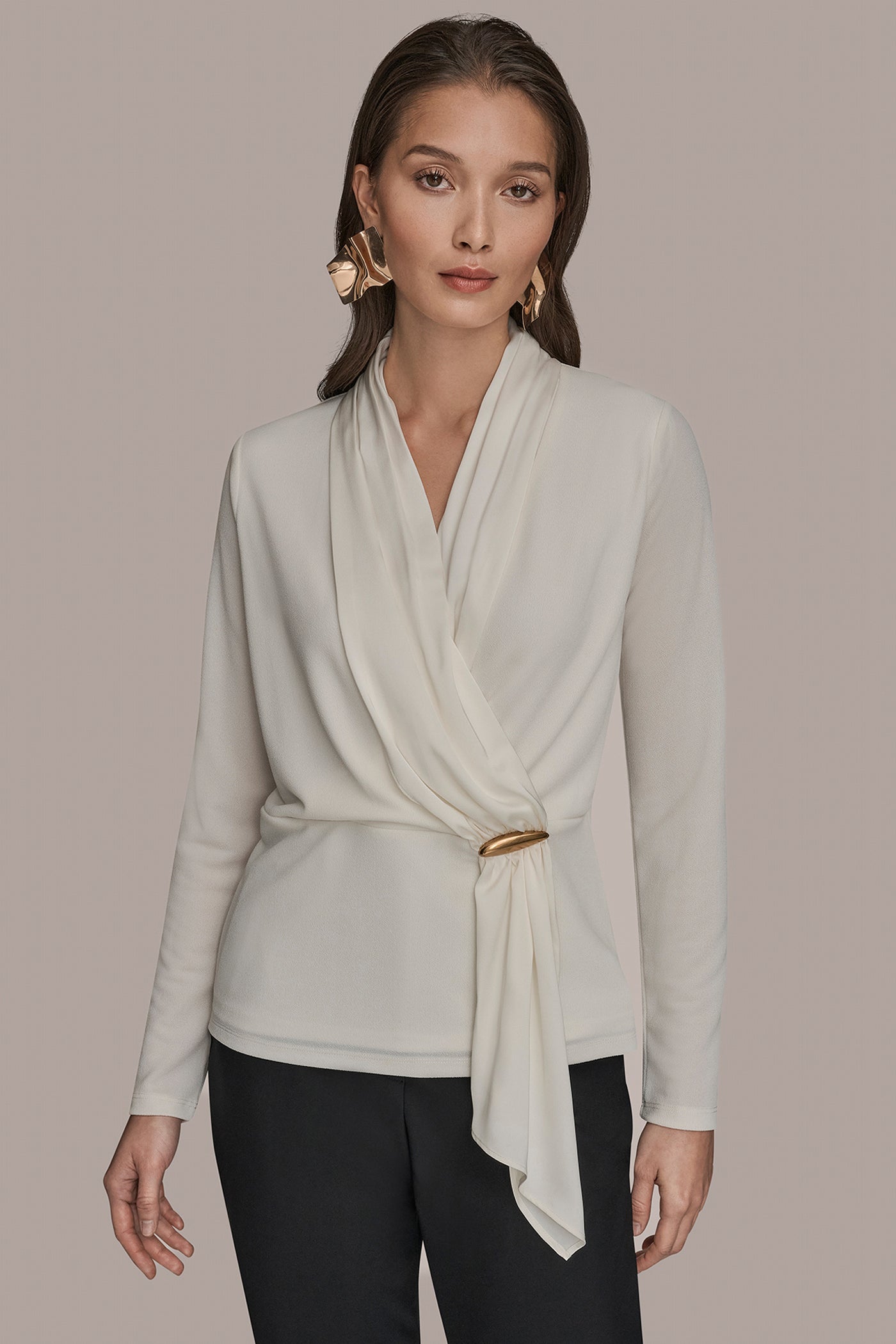 CREAM LONG SLEEVE SHAWL-NECK SATIN BLOUSE Donna Karan
