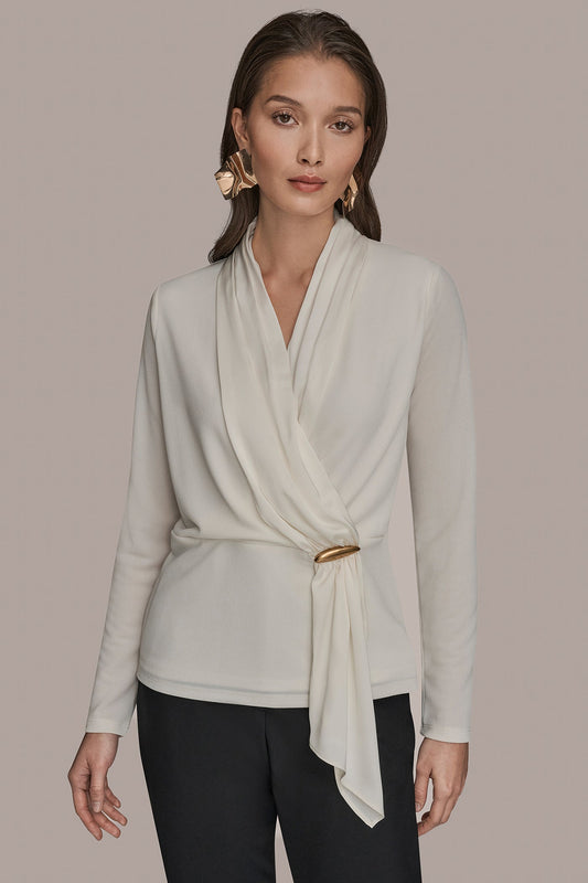 CREAM LONG SLEEVE SHAWL-NECK SATIN BLOUSE Donna Karan
