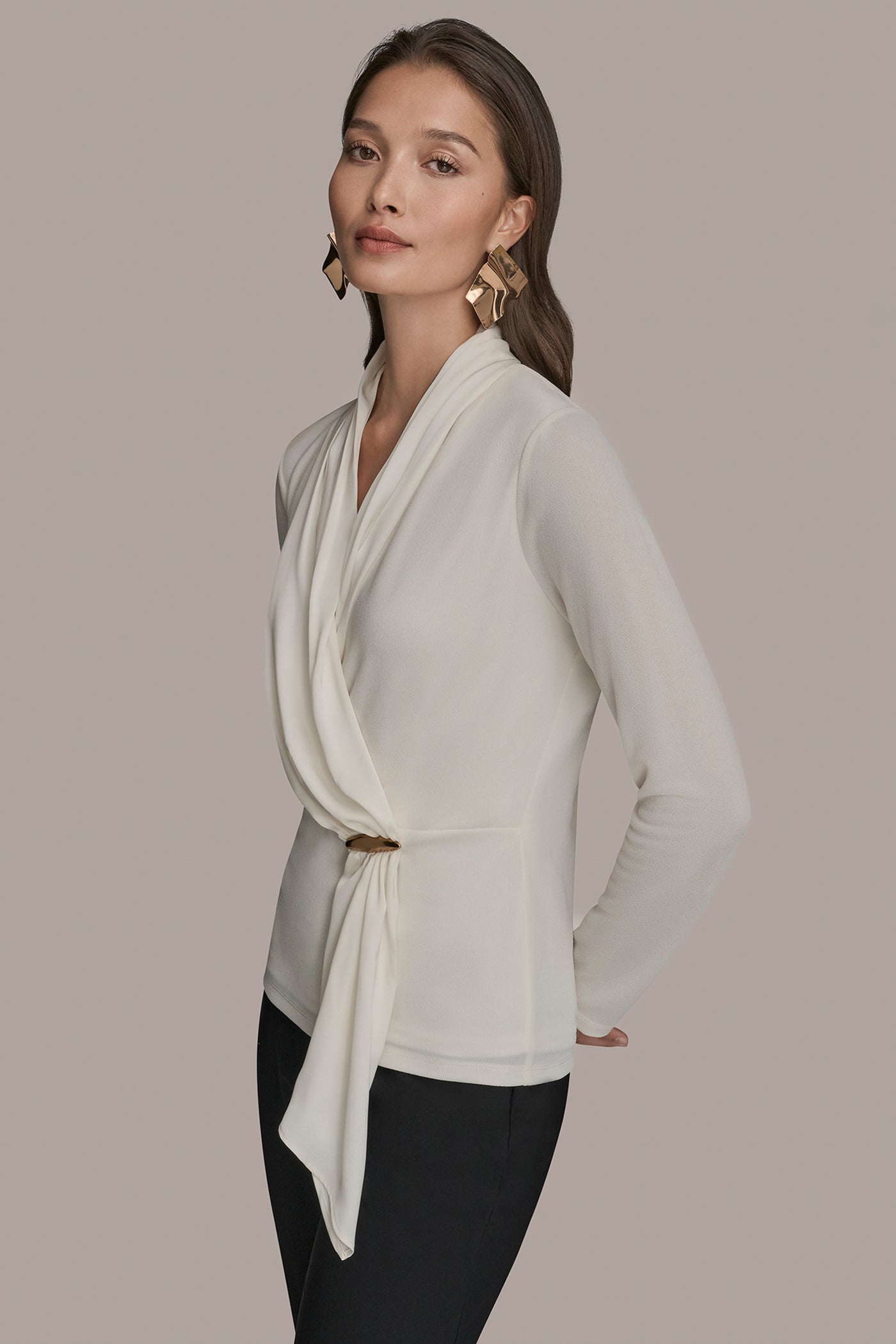 CREAM LONG SLEEVE SHAWL-NECK SATIN BLOUSE Donna Karan
